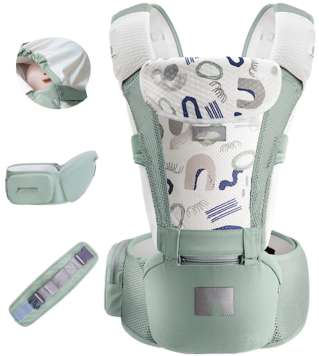 Baby Carrier Newborn to Toddler Baby Hip Carrier with Head Hood,Waist Extender & 3 Pieces Teething Pads (Grey)