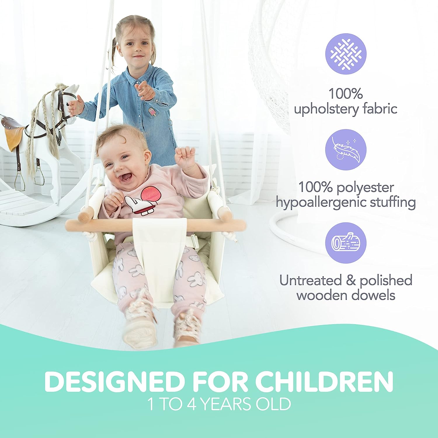 Canvas Baby Swing, Wooden Hanging Swing Seat Chair with Safety Belt, Durable Baby Hammock Chair, Outdoor and Indoor Swing for Kids, Mounting Hardware Included, Ivory