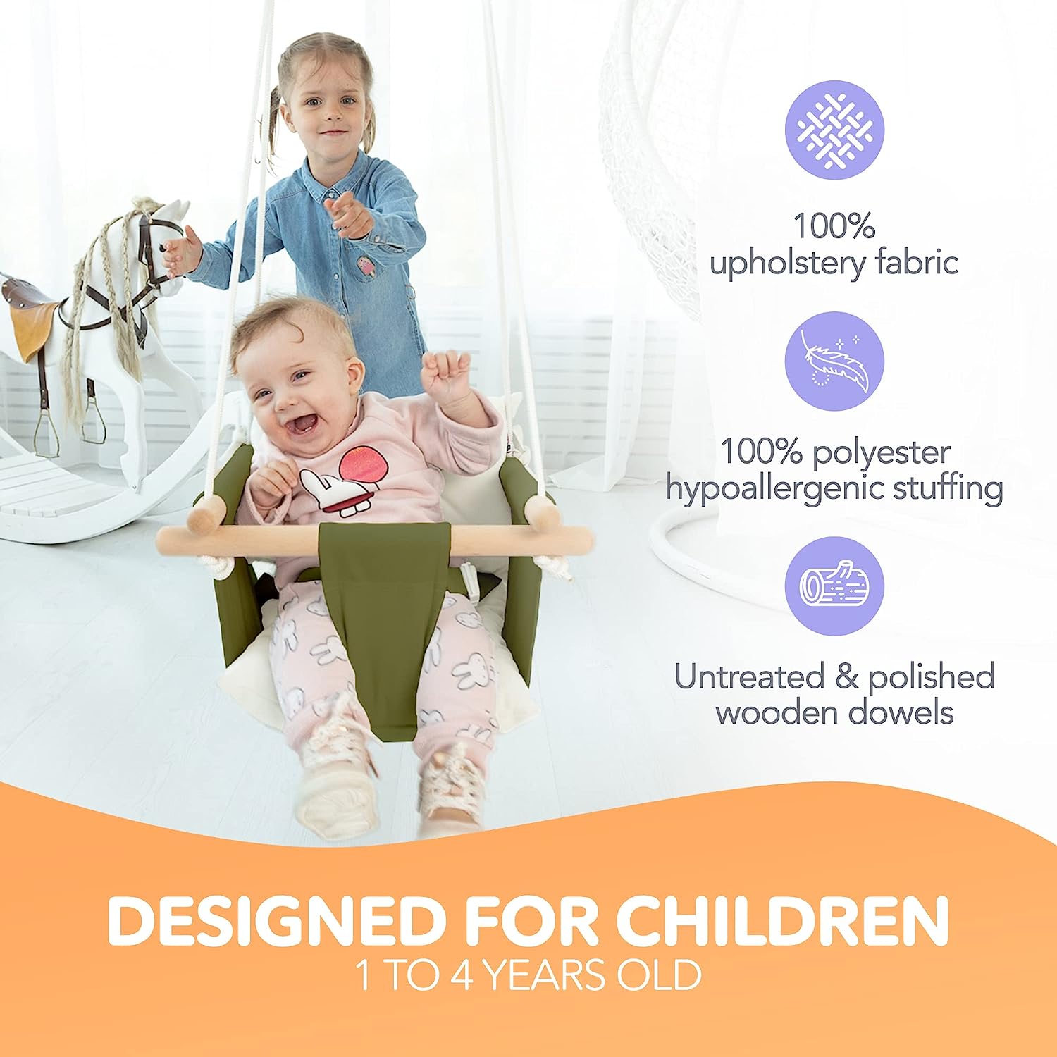 Canvas Baby Swing, Wooden Hanging Swing Seat Chair with Safety Belt, Durable Baby Hammock Chair, Outdoor and Indoor Swing for Kids, Mounting Hardware Included, Ivory