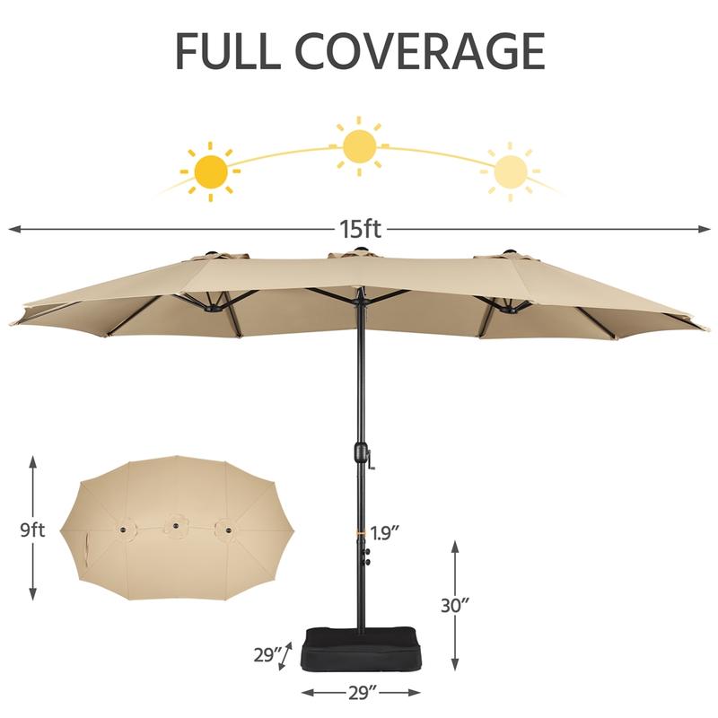 【No Lights】 Yaheetech 15/13ft Large Patio Umbrella Double-Layer Cloth with 12 Ribs, Hand Crank for Easy Opening, 2 Sandbags, Outdoor Design for Garden, Pool, and Lawn