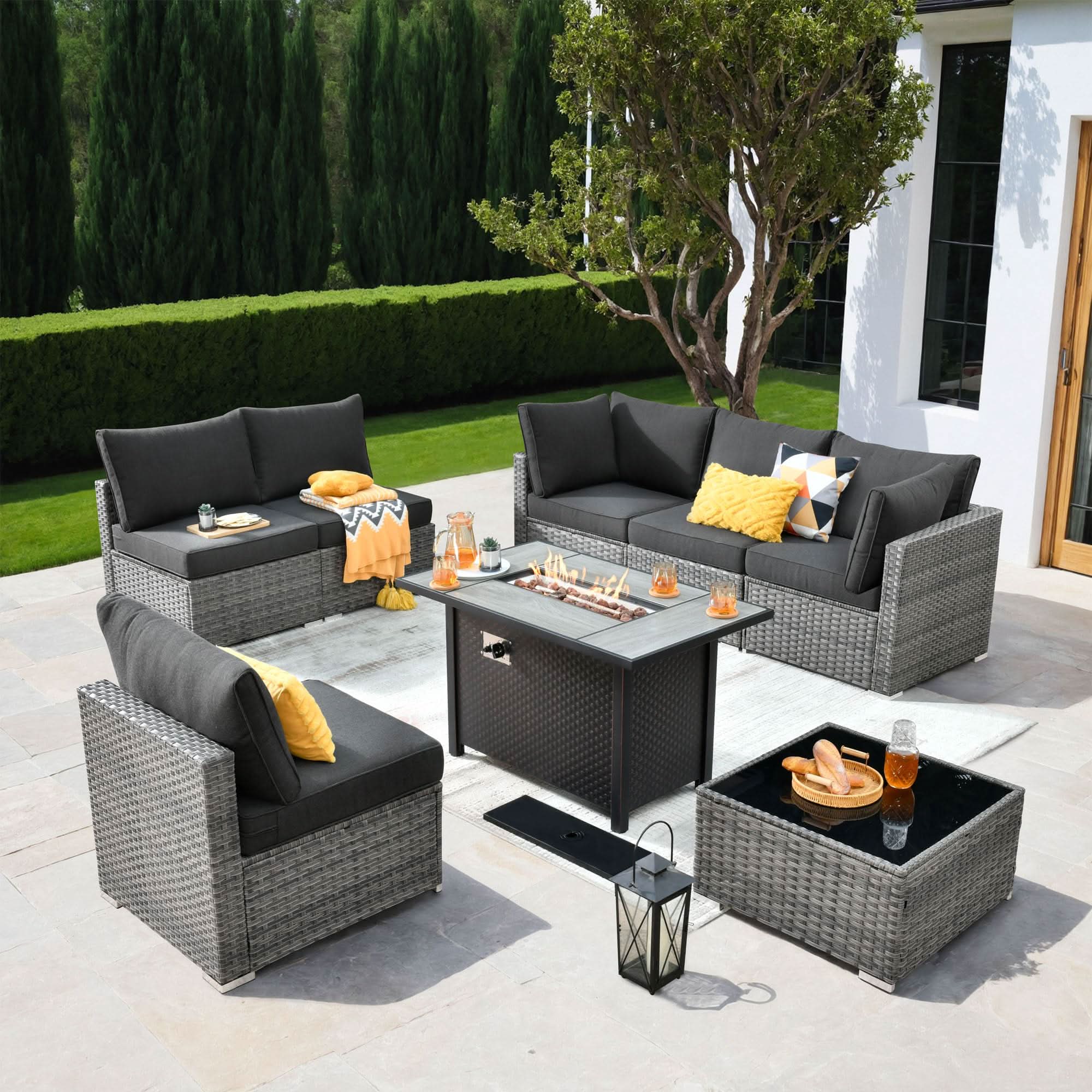 Ovios Outdoor 8 Piece Patio Furniture Set with Fire Pit Table,Conversation Sectional Wicker Couch with Coffee Table