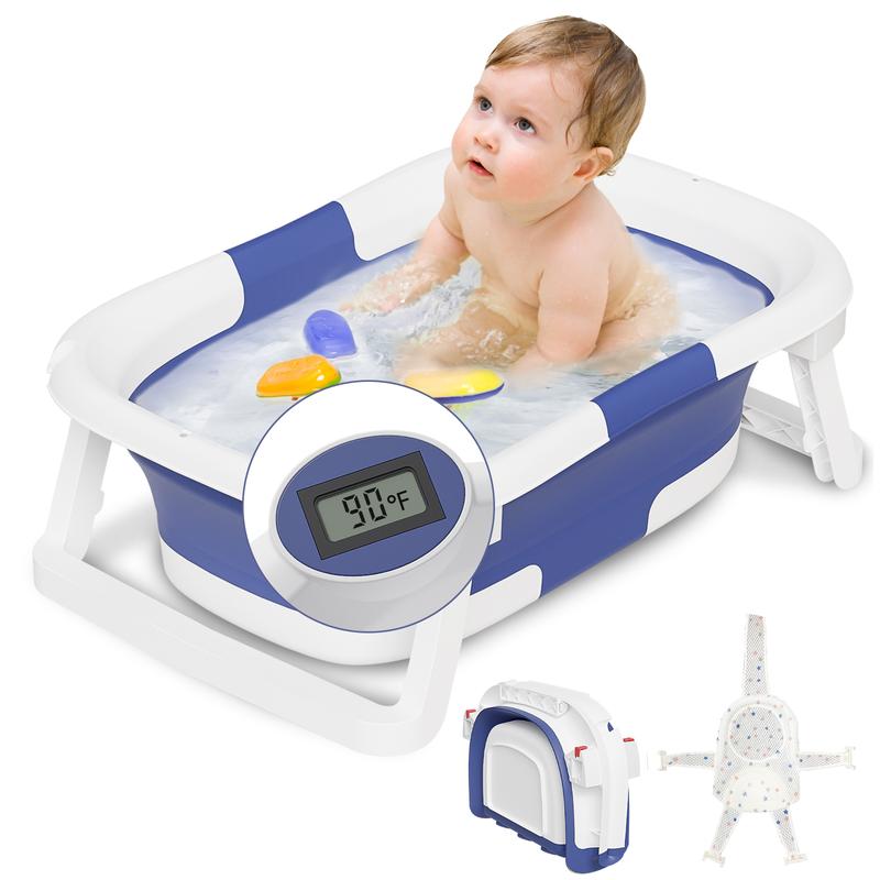 Napei Collapsible Baby Bathtub with Real-Time Temp Monitor, Floating Cushion, Foldable Baby Bath Tub Set for Newborns & Toddlers