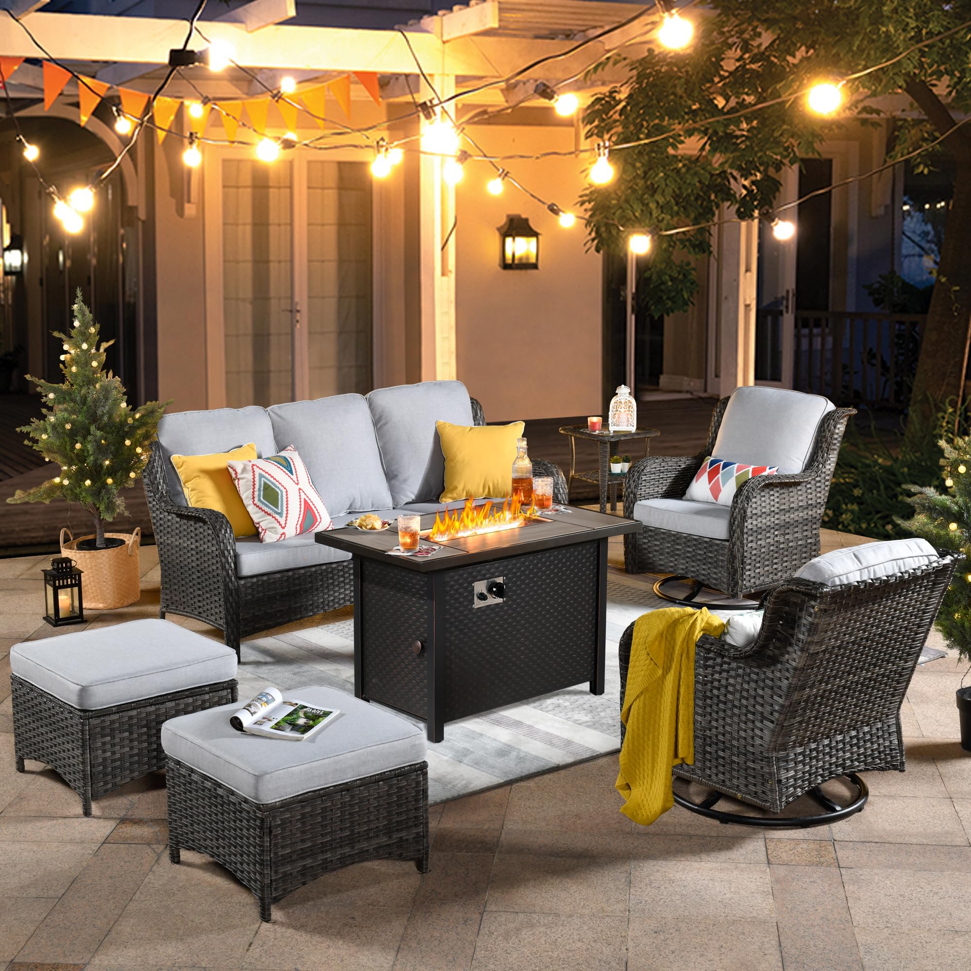 Ovios Outdoor Furniture 7-Piece with 42'' Fire Pit Table and Kenard 2 Rocking Chairs