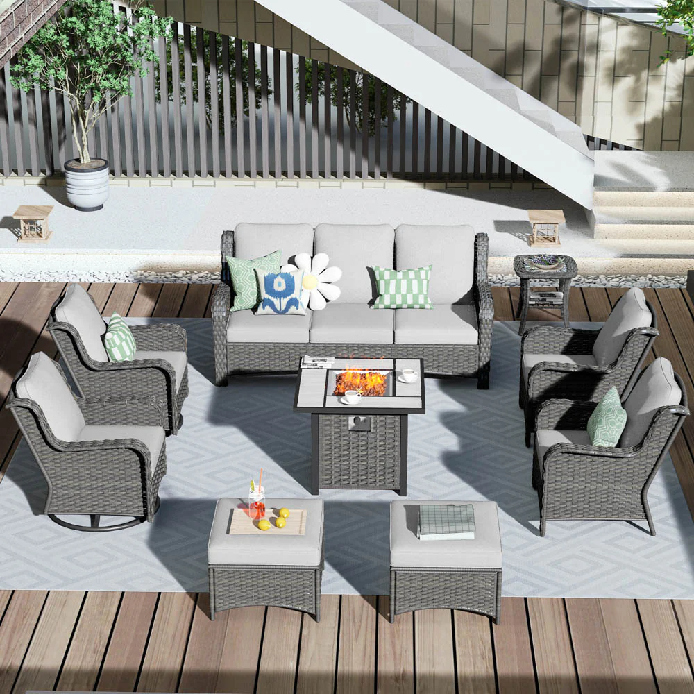 Ovios Outdoor Furniture 9-Piece with 30'' Fire Pit Table and Kenard 2 Rocking Chairs