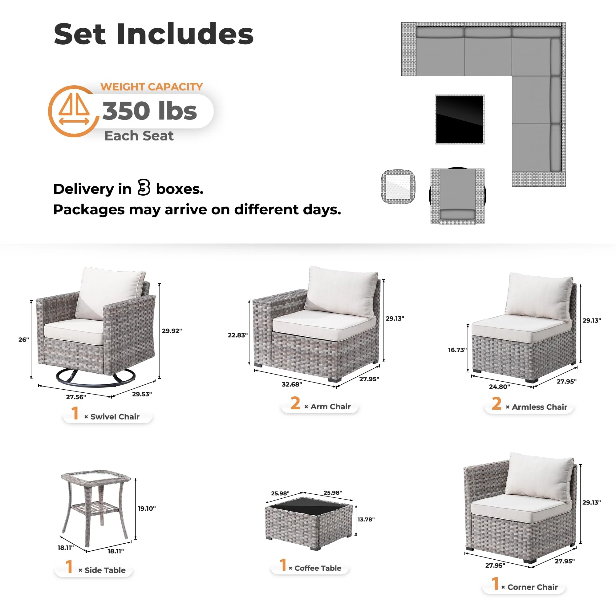 Ovios 8 Pieces Patio Furniture Set, Outdoor Sectional Sofa with Swivel Rocking Chair