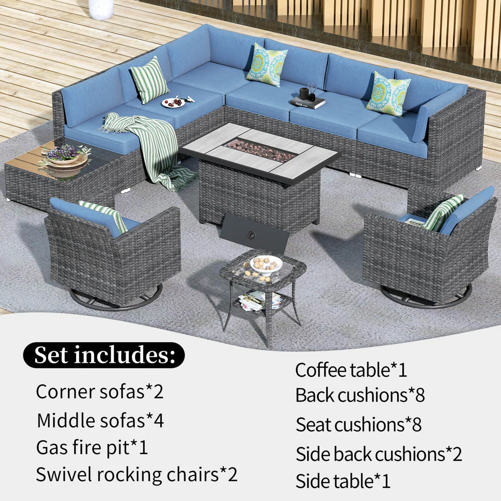 Ovios Patio Furniture 11-Piece Outdoor Sectional Sofa Set with Wicker Rocking Swivel Chairs and 42.12'' Fire Pit