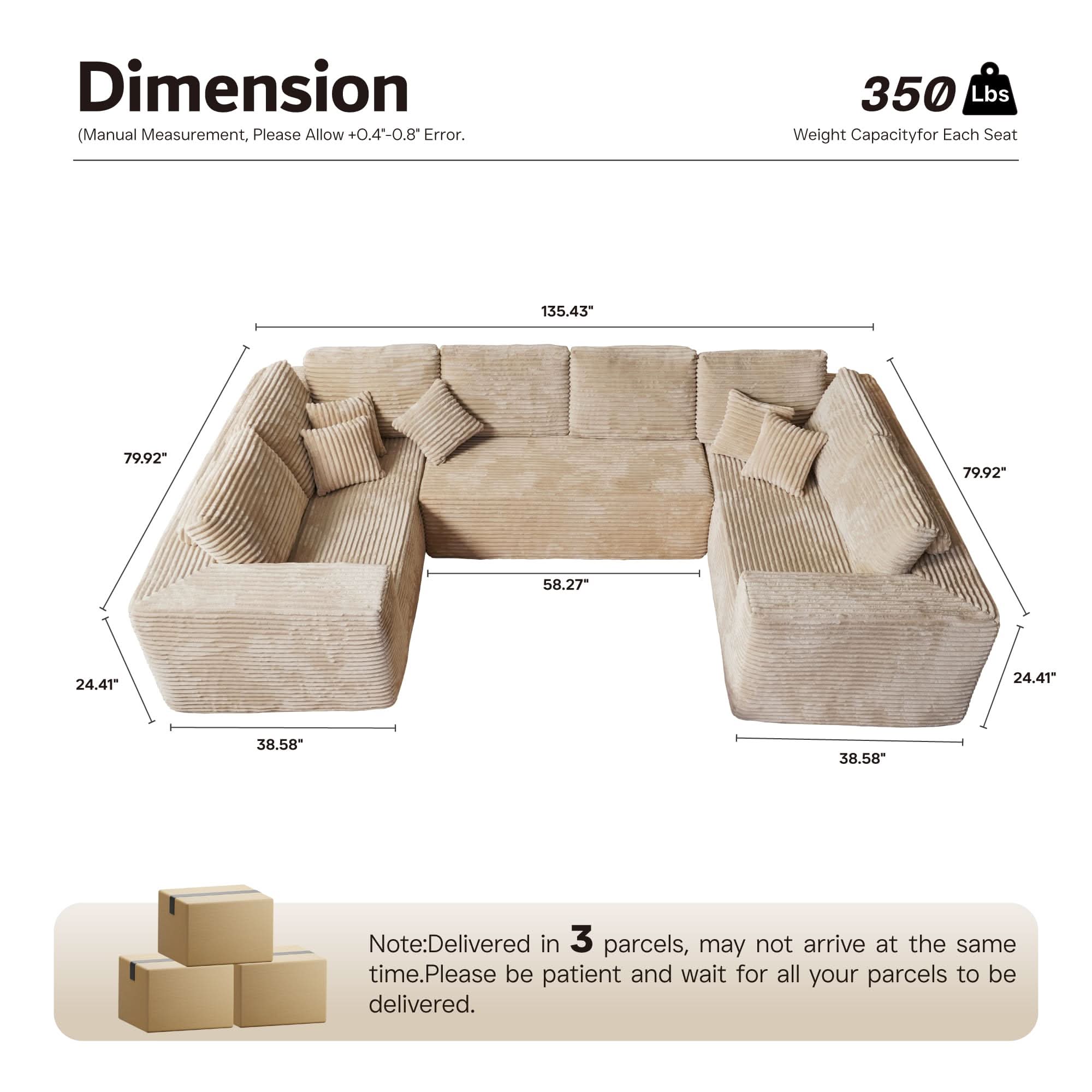 Ovios sectional cloud couch, living room U-shaped sofa, plush corduroy, memory foam, no assembly required.