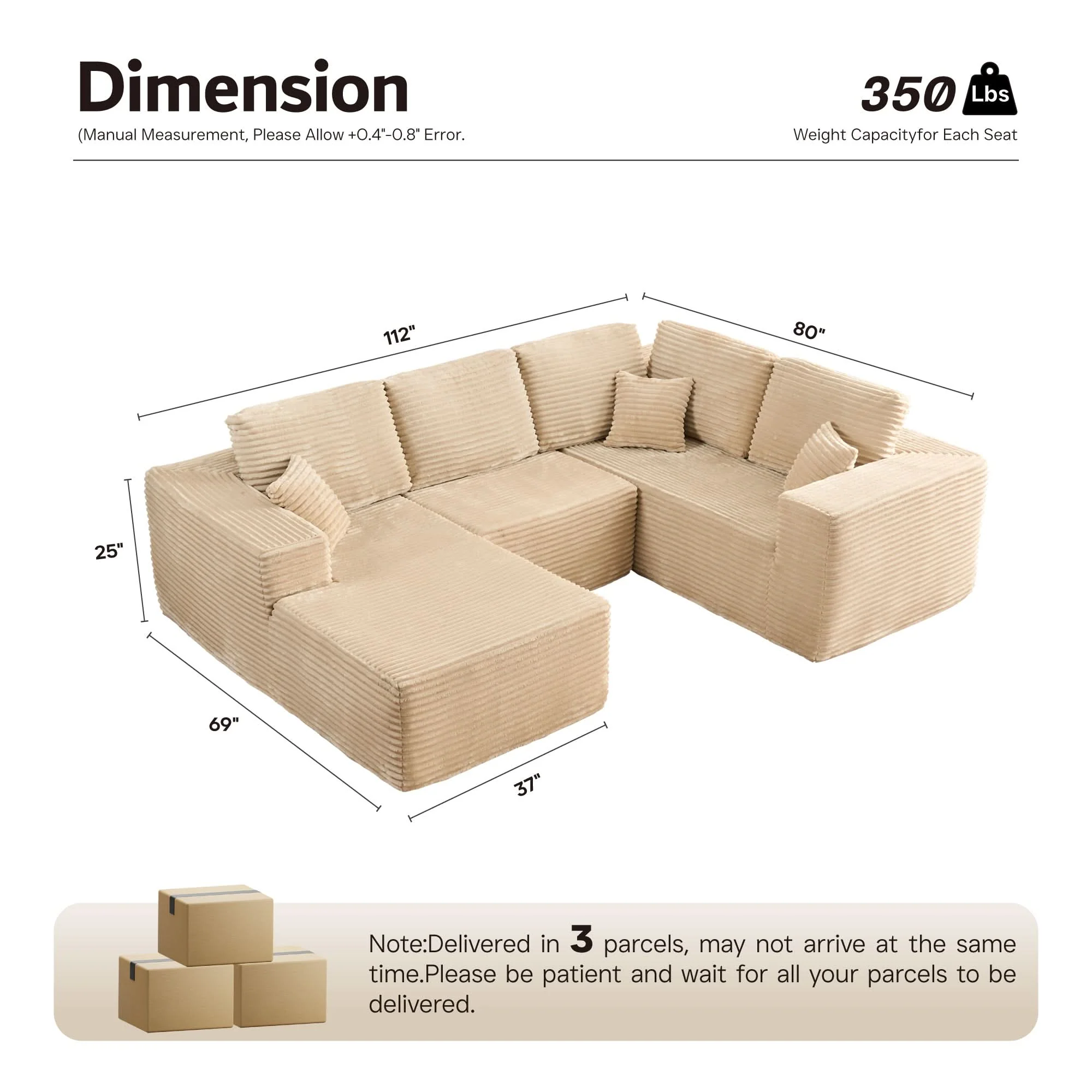 Ovios U-Shaped Cloud Sectional Sofa with Chaise - Plush Corduroy, Memory Foam & No Assembly