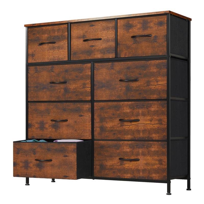 Fabric Storage Tower with 9 Drawers, Bedroom Drawer Dresser Organizer, Chest of Drawers with Fabric Bins, Steel Frame and Wood Top