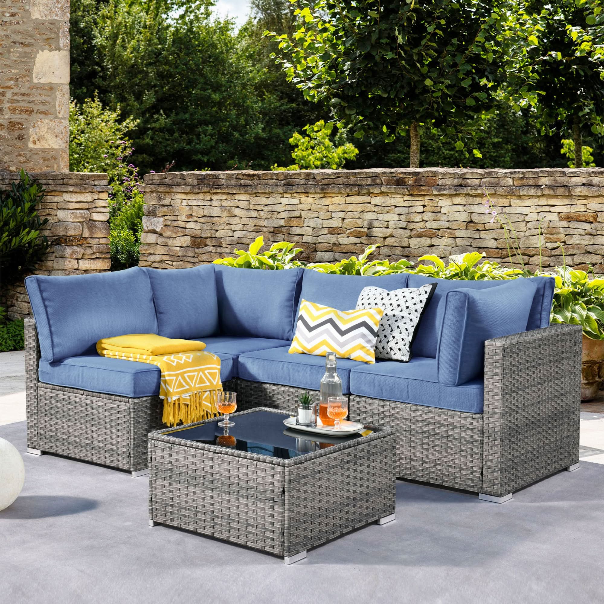 Ovios Outdoor 5 Piece Coversation Set with Coffee Table,Sectional Patio Furniture Set with All-Weather Wicker Sofa