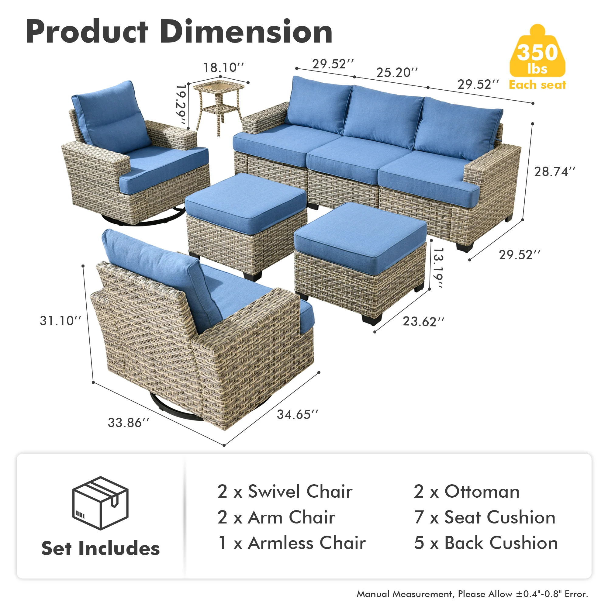 TBS Series - Sectional Patio Furniture Set 8-Piece, Included Swivel Chair