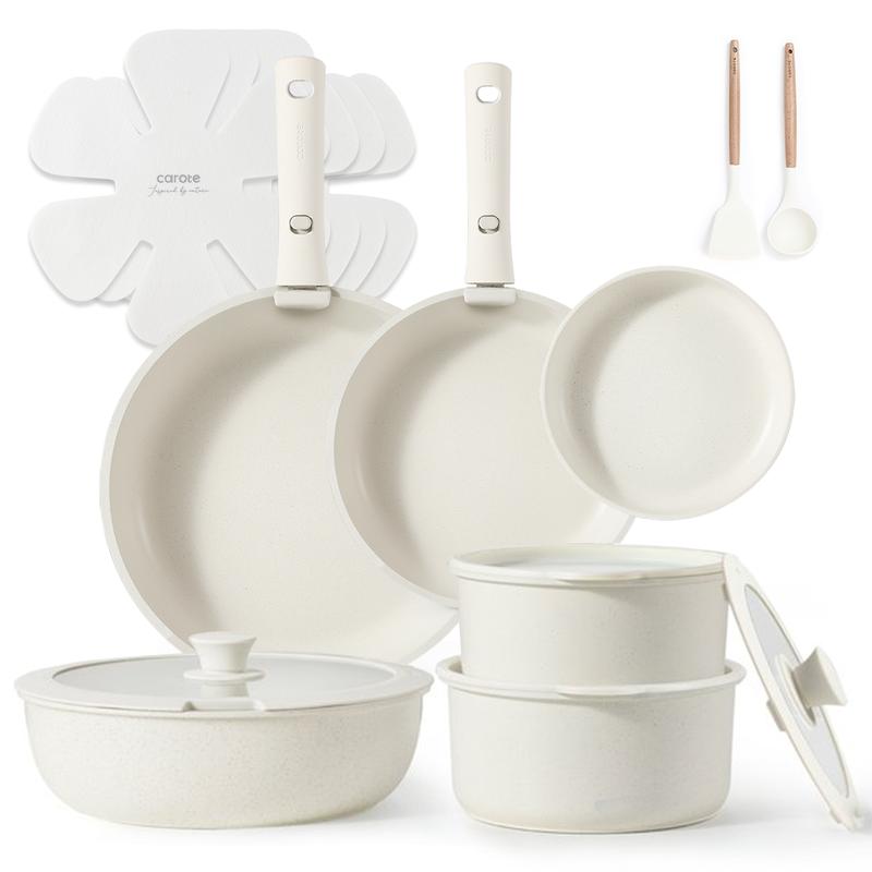 CAROTE 18pcs Detachable Handle Nonstick Cookware Set, Blue/Green/Black/Taupe/White, Pots and Pans, Oven safe Frying Pan, Dishwasher Safe