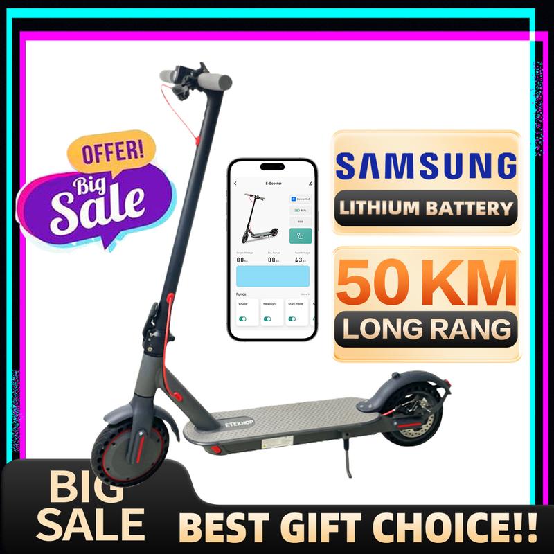 ETEKHOP EP40 Electric scooter, 8.5-inch tires, ultra long range up to 30/32 miles, 350W motor and 19 miles/hour portable folding commuting electric scooter, suitable for adults, equipped with dual braking system and applications