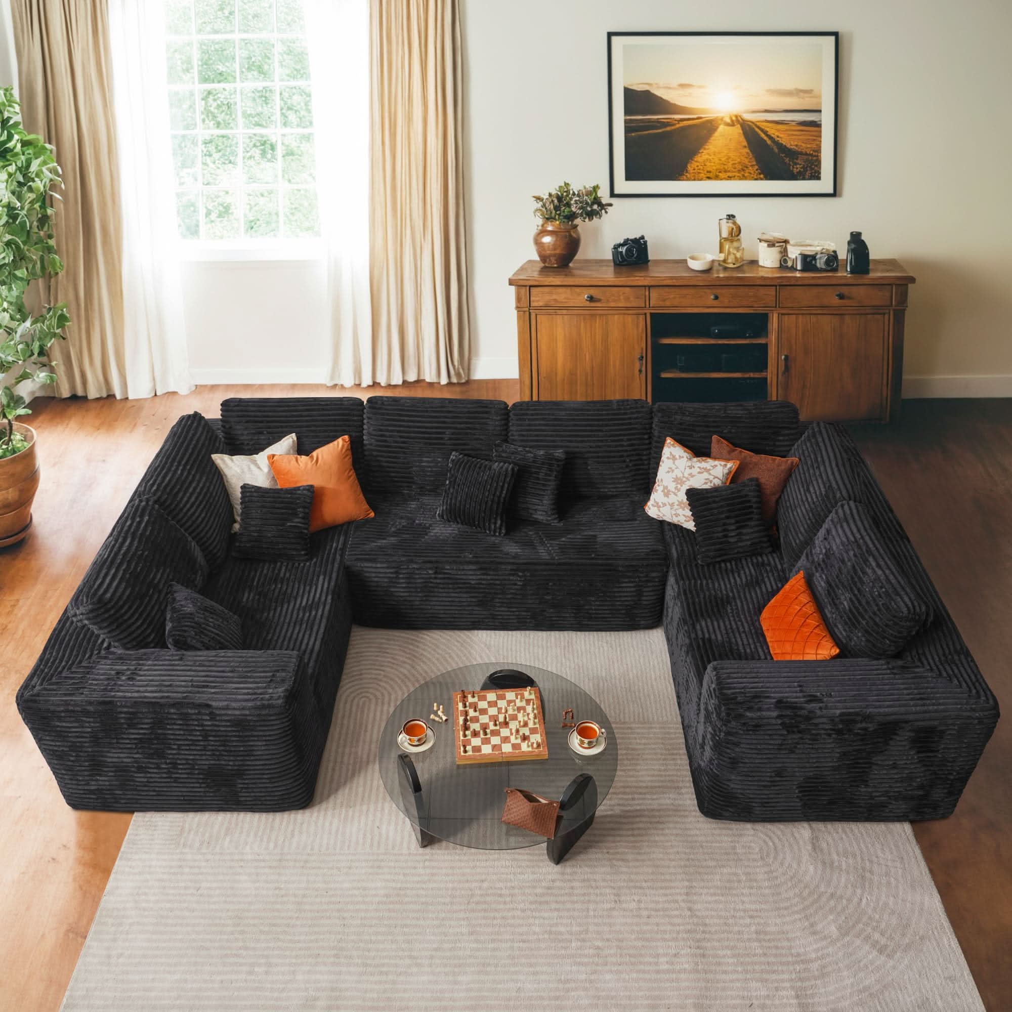 Ovios sectional cloud couch, living room U-shaped sofa, plush corduroy, memory foam, no assembly required.