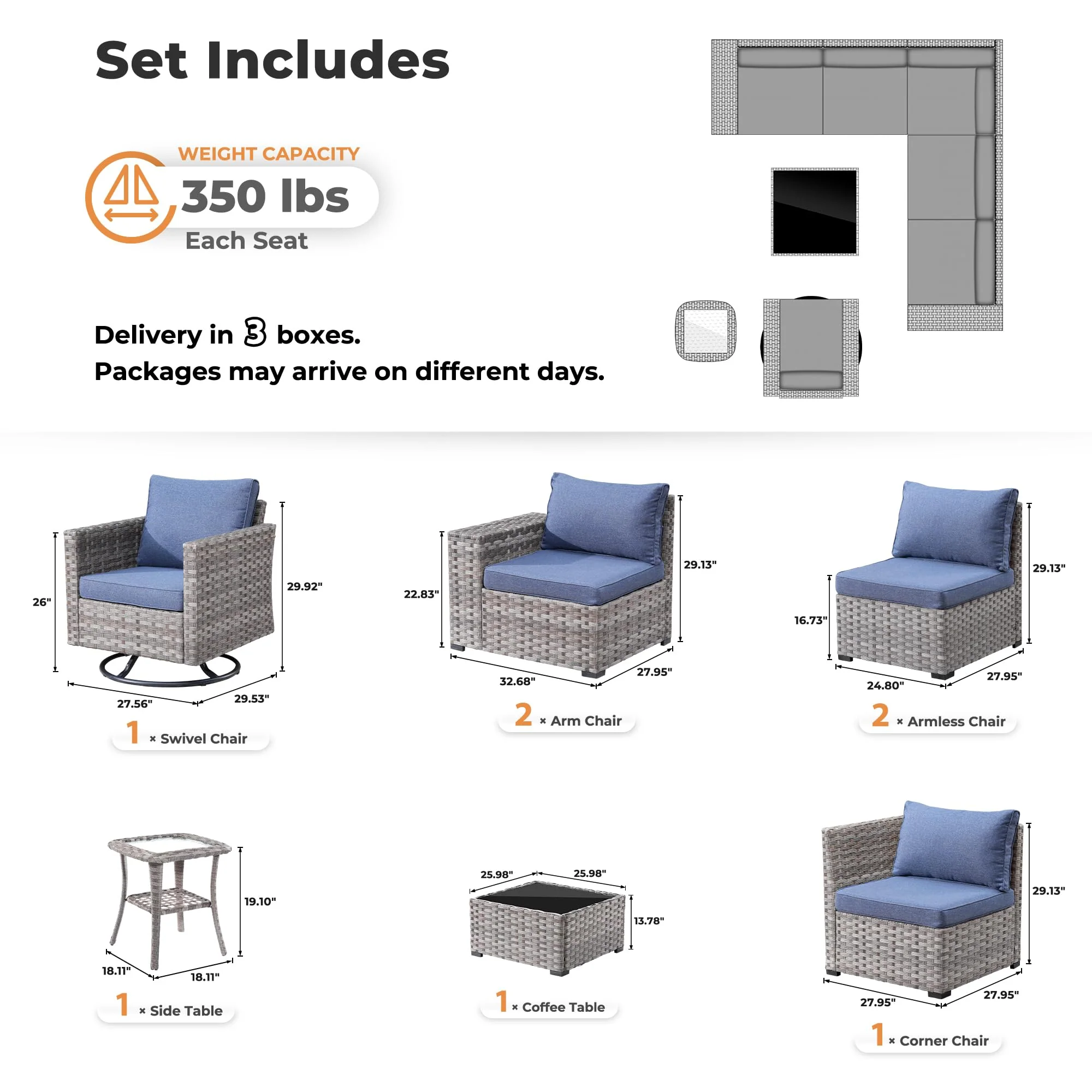Ovios 8 Pieces Patio Furniture Set, Outdoor Sectional Sofa with Swivel Rocking Chair
