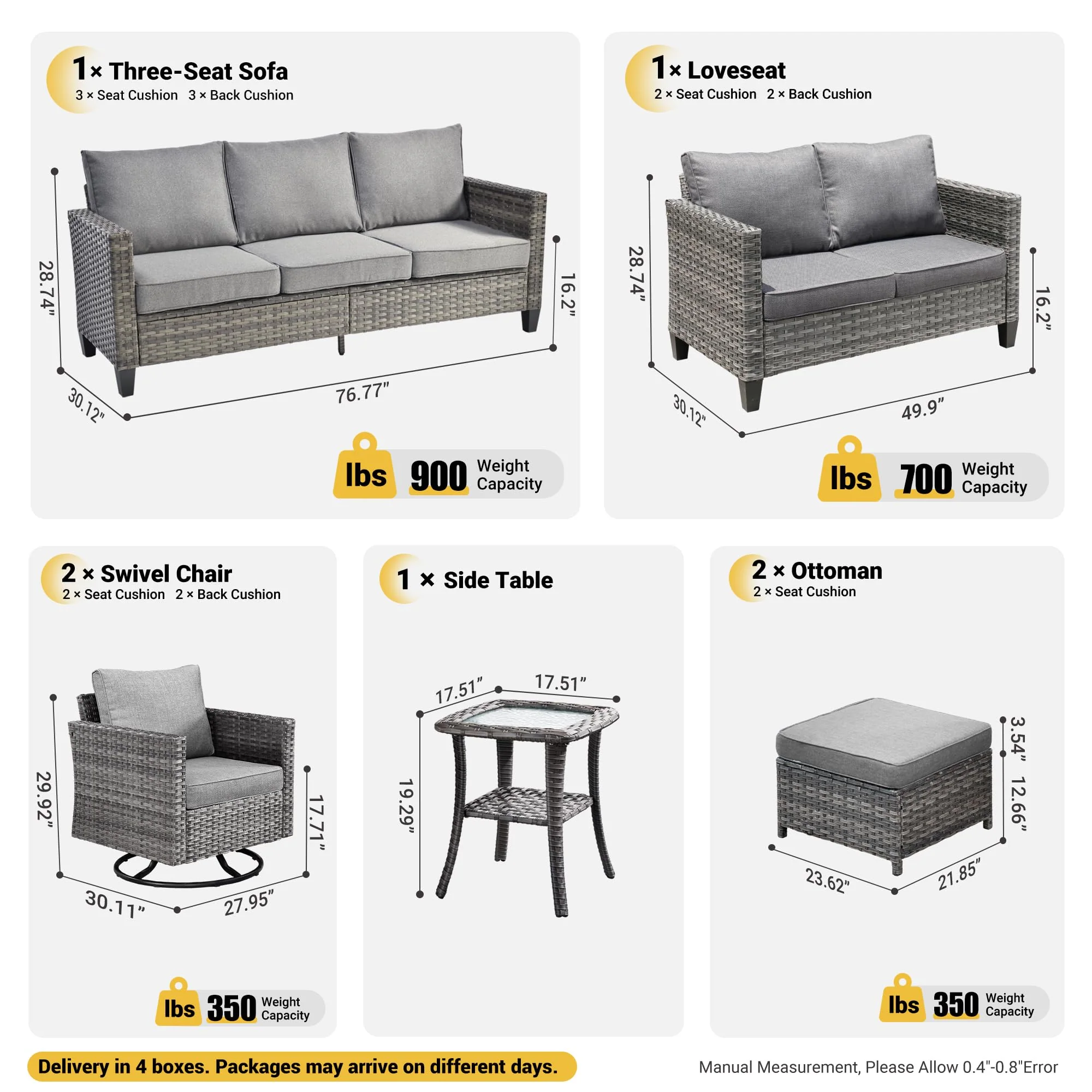 Ovios 7 Pieces Patio Furniture Set, Outdoor Wicker Sofa with Rocking Swivel Chairs