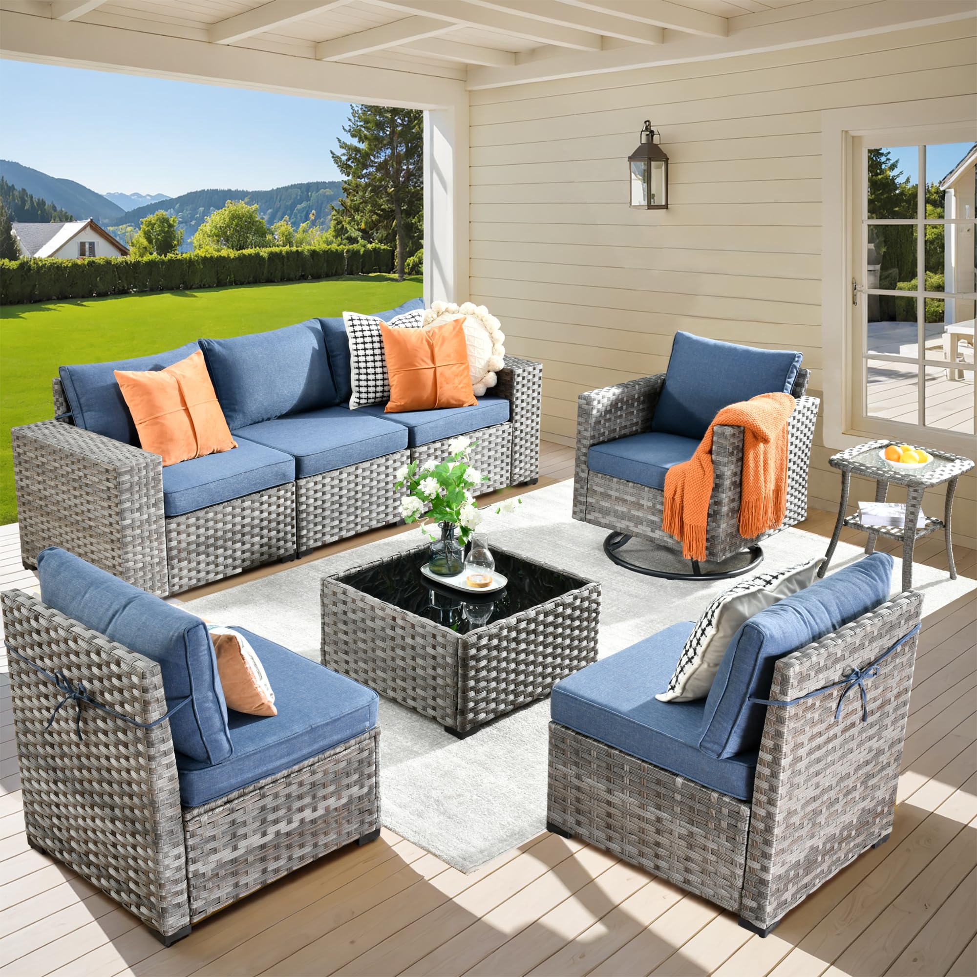 Ovios 8 Pieces Patio Furniture Set, Outdoor Sectional Sofa with Swivel Rocking Chair
