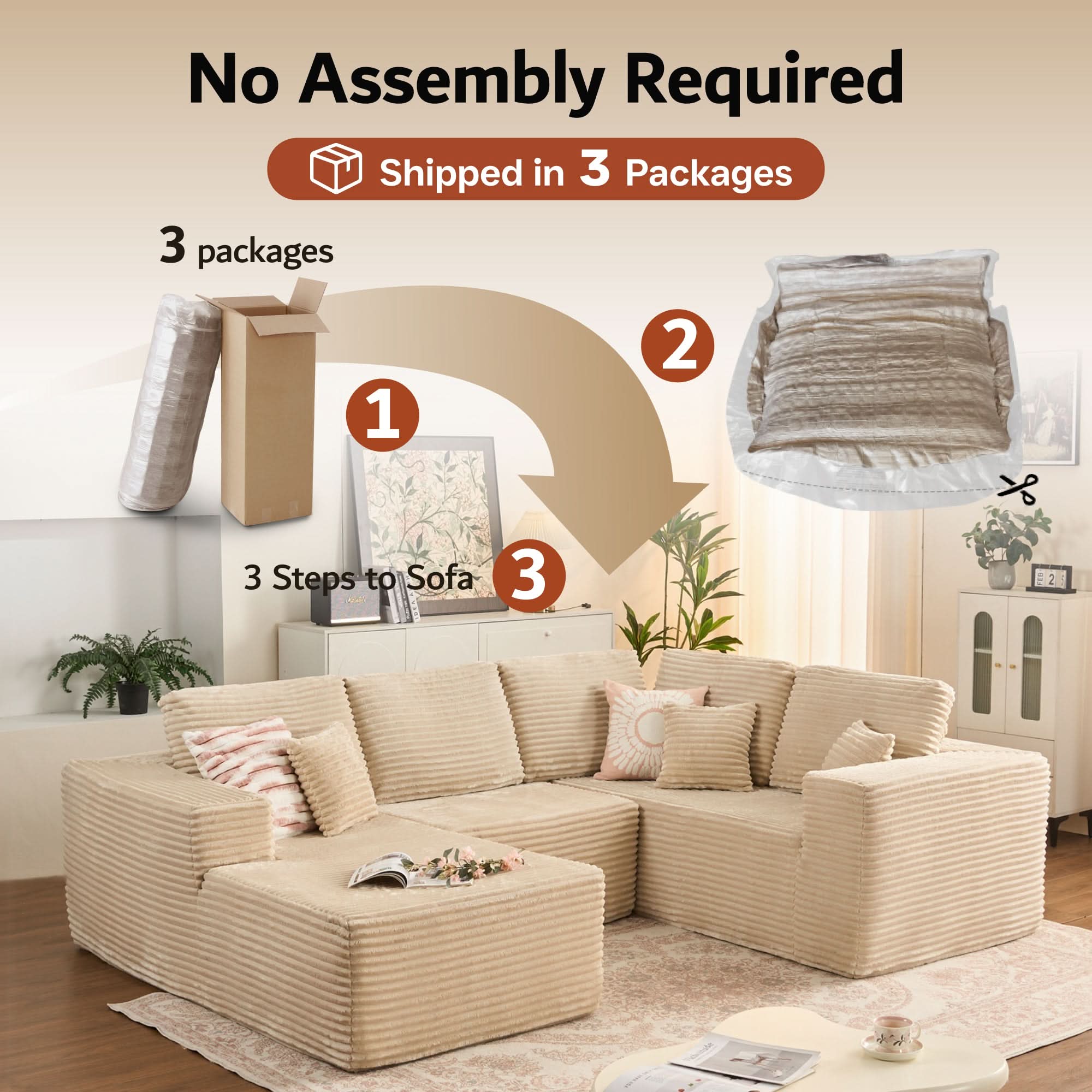 Ovios U-Shaped Cloud Sectional Sofa with Chaise - Plush Corduroy, Memory Foam & No Assembly