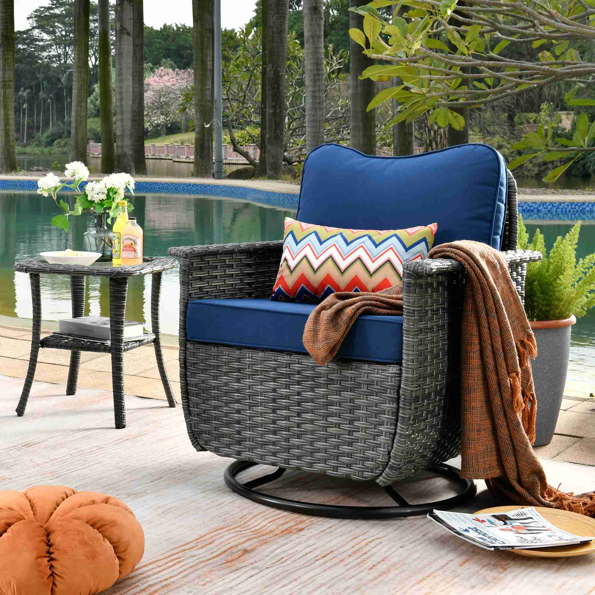 Ovios Rocking Chair Dark Grey Wicker Outdoor Table and Chairs matching Pet Sofa Series