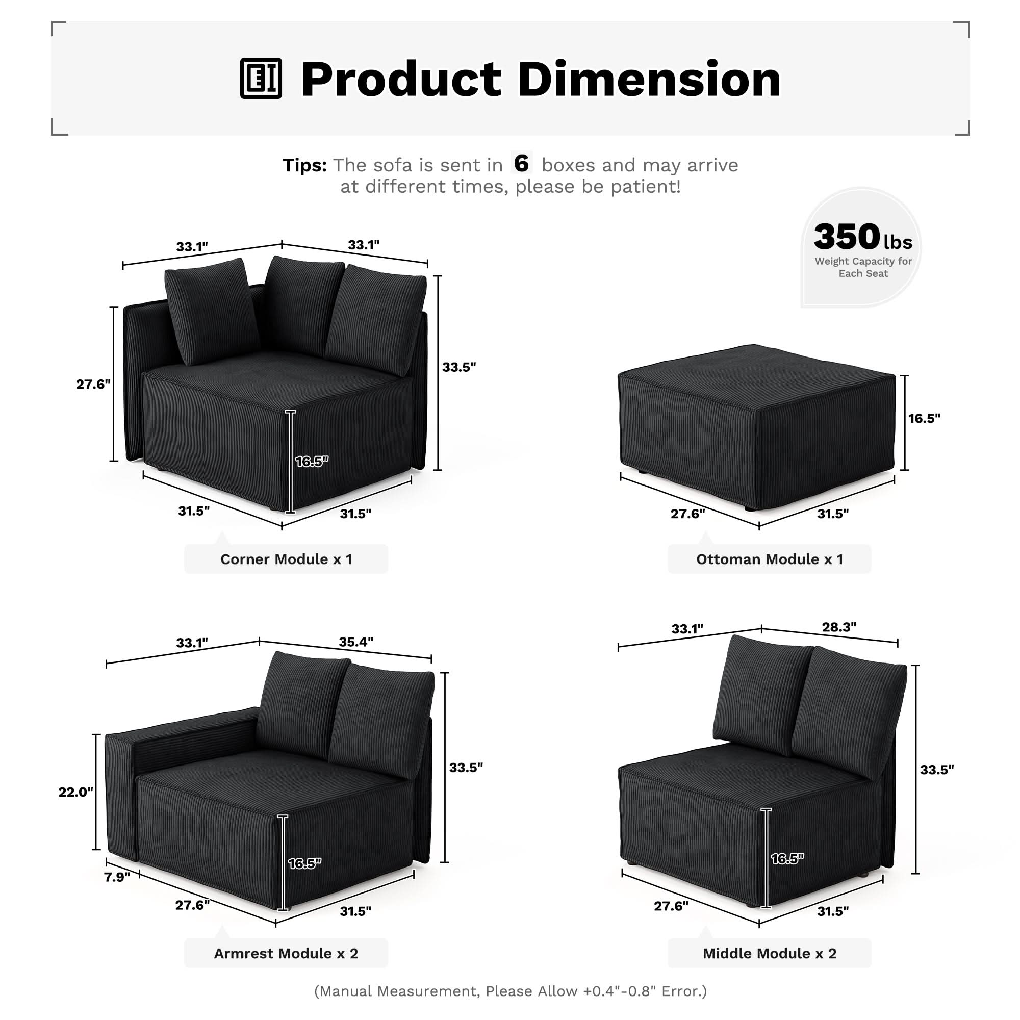 Ovios Living Room Modular Couch 6-Pieces Set, Wide Armrests