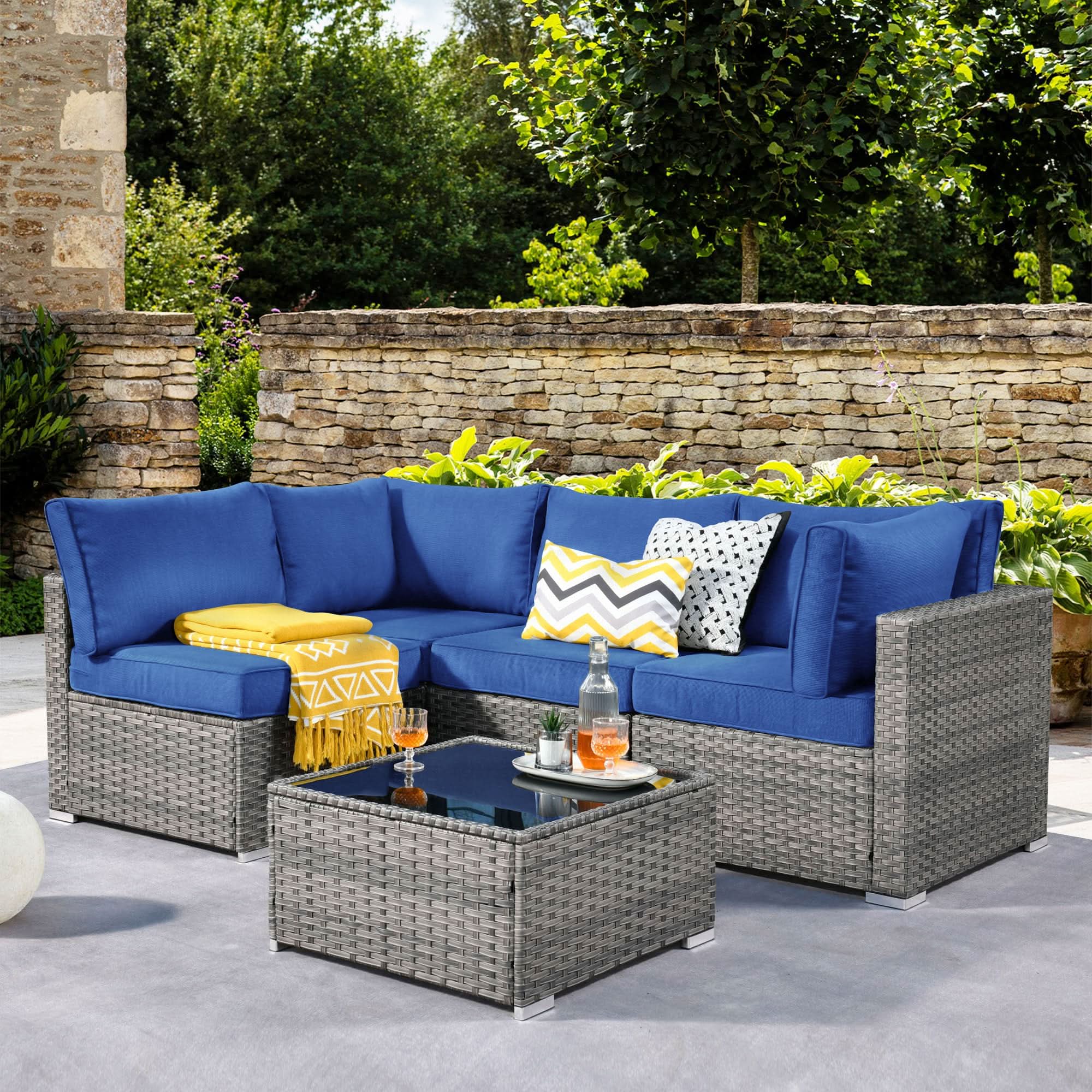 Ovios Outdoor 5 Piece Coversation Set with Coffee Table,Sectional Patio Furniture Set with All-Weather Wicker Sofa