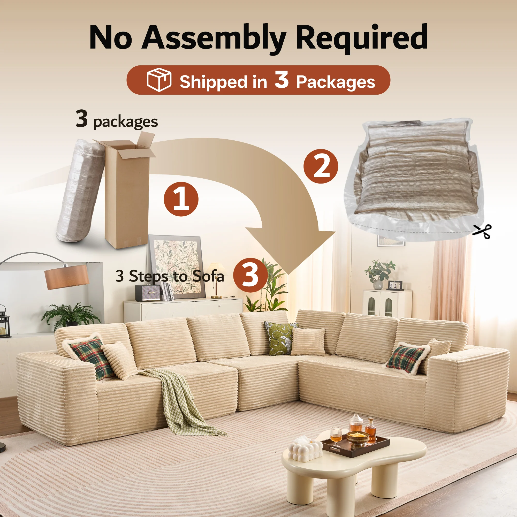 Ovios L-Shaped Cloud Sectional Sofa with Chaise - Plush Corduroy, Memory Foam & No Assembly