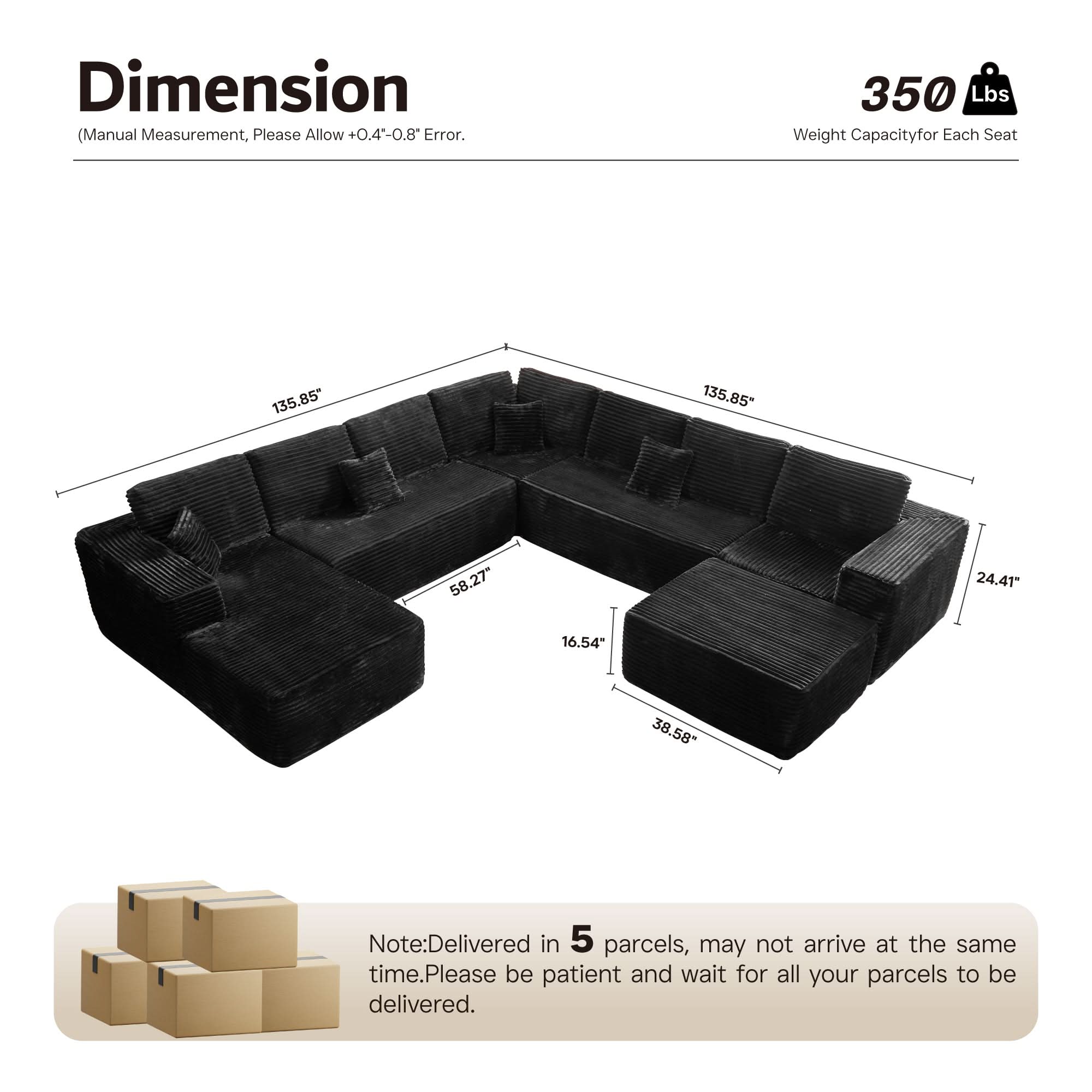 Ovios Cloud Couch U-Shaped,Plush Corduroy Sofa,No Assembly Required