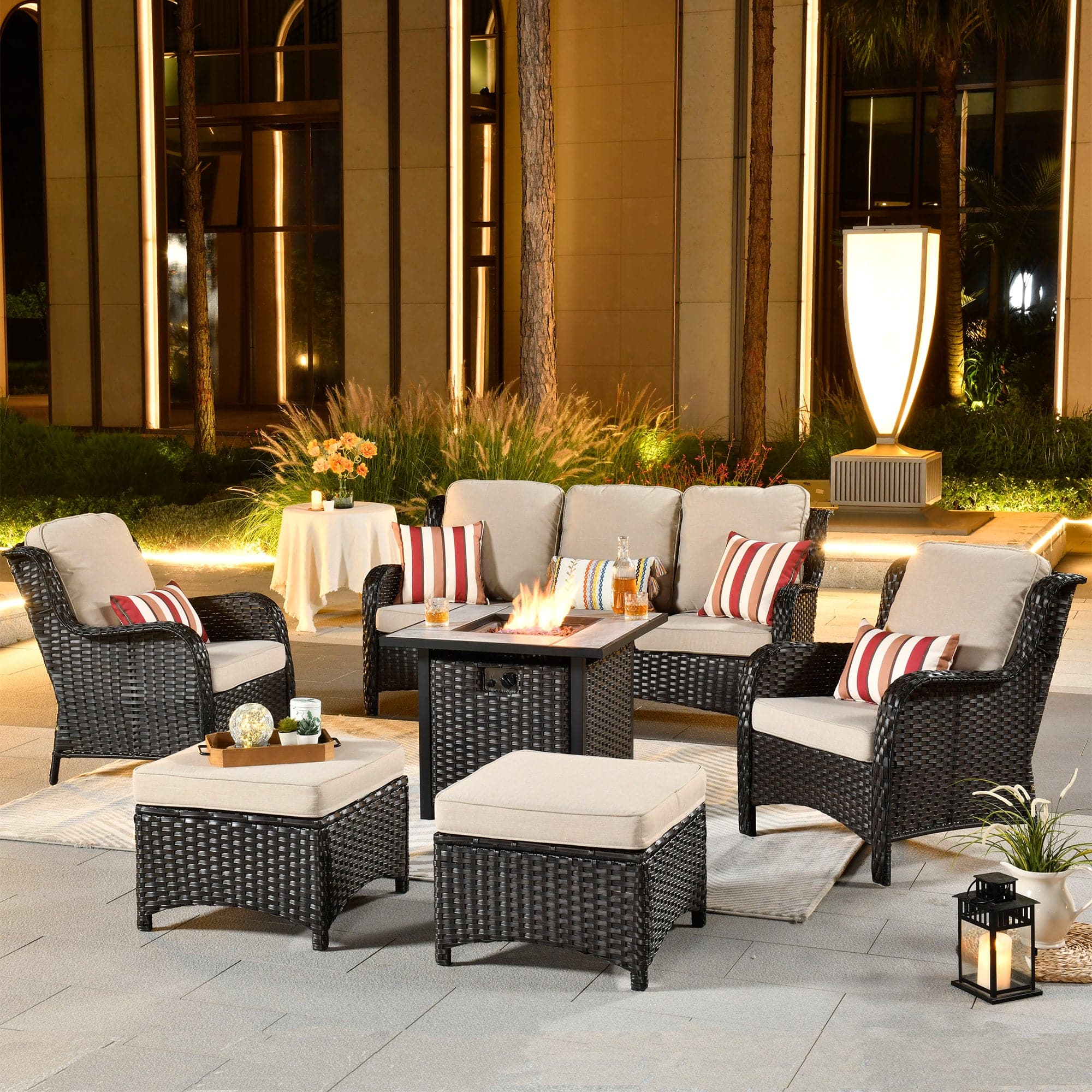Ovios Patio Conversation Set 6-Piece with 30' Fire Pit Table and Kenard Set