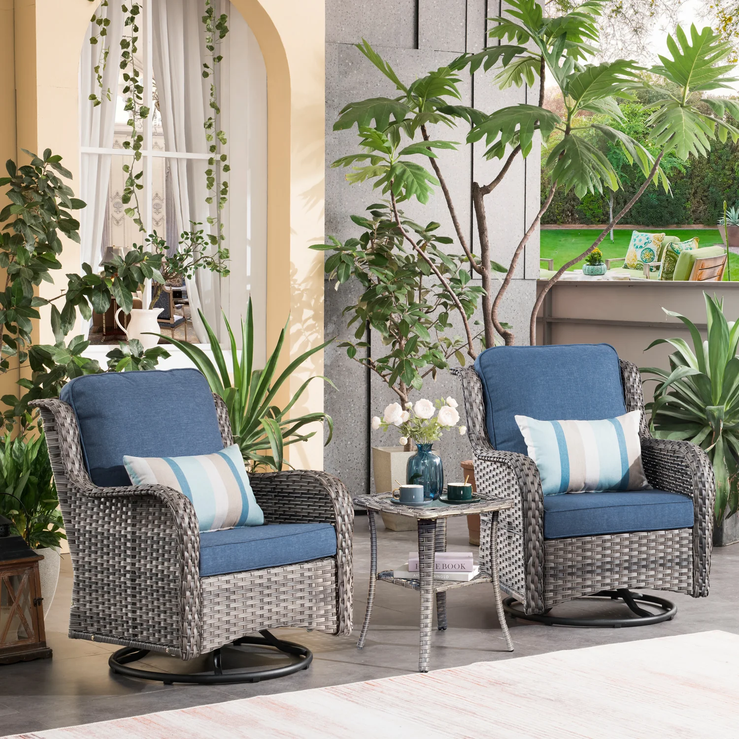 Ovios Patio Furniture Set 3-Piece with Swivel Chairs and Side Table Kenard