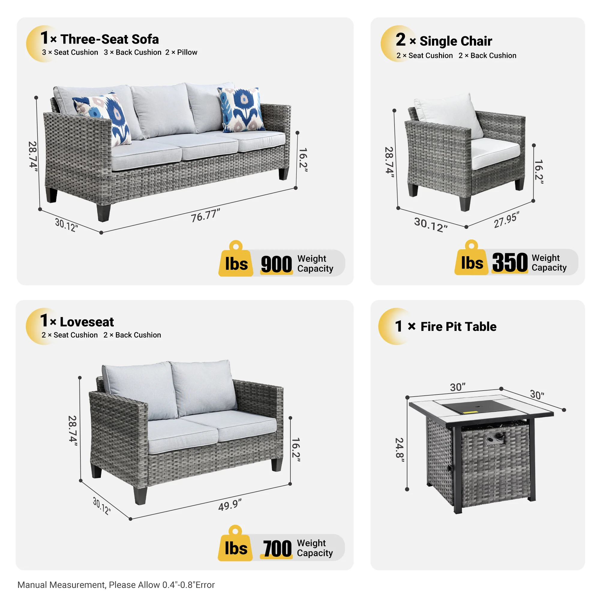 Ovios Patio Vultros Furniture Set 7-Person Seating with 30'' Propane Fire Pit Table