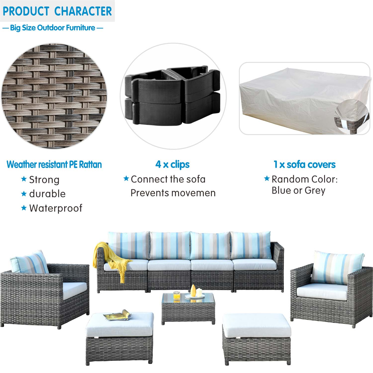 Ovios Outdoor Furniture Bigger Size 9-Piece with Grey Sunbrella, Fully Assembled, King Series, with 2 Chairs