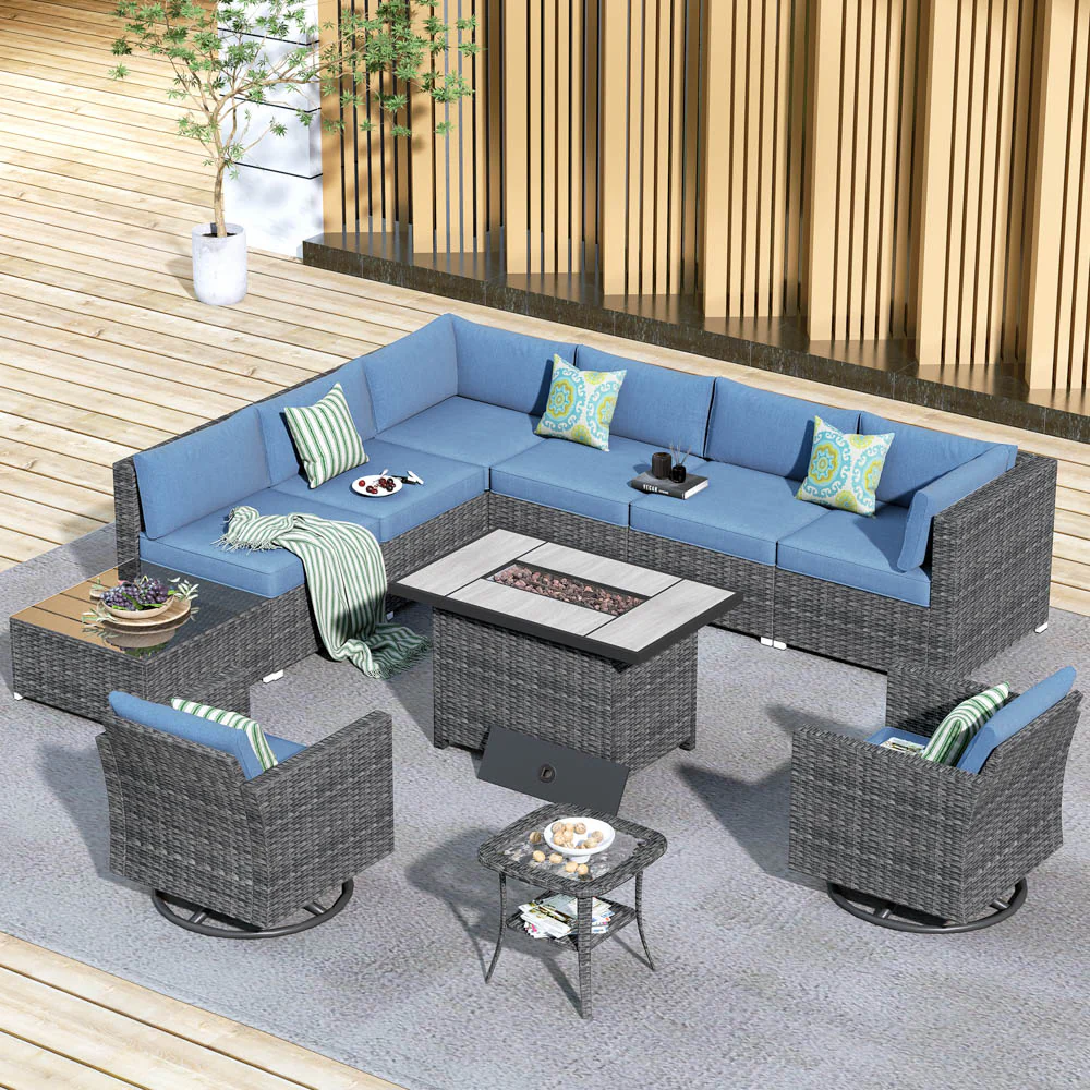 Ovios Patio Furniture 11-Piece Outdoor Sectional Sofa Set with Wicker Rocking Swivel Chairs and 42.12'' Fire Pit