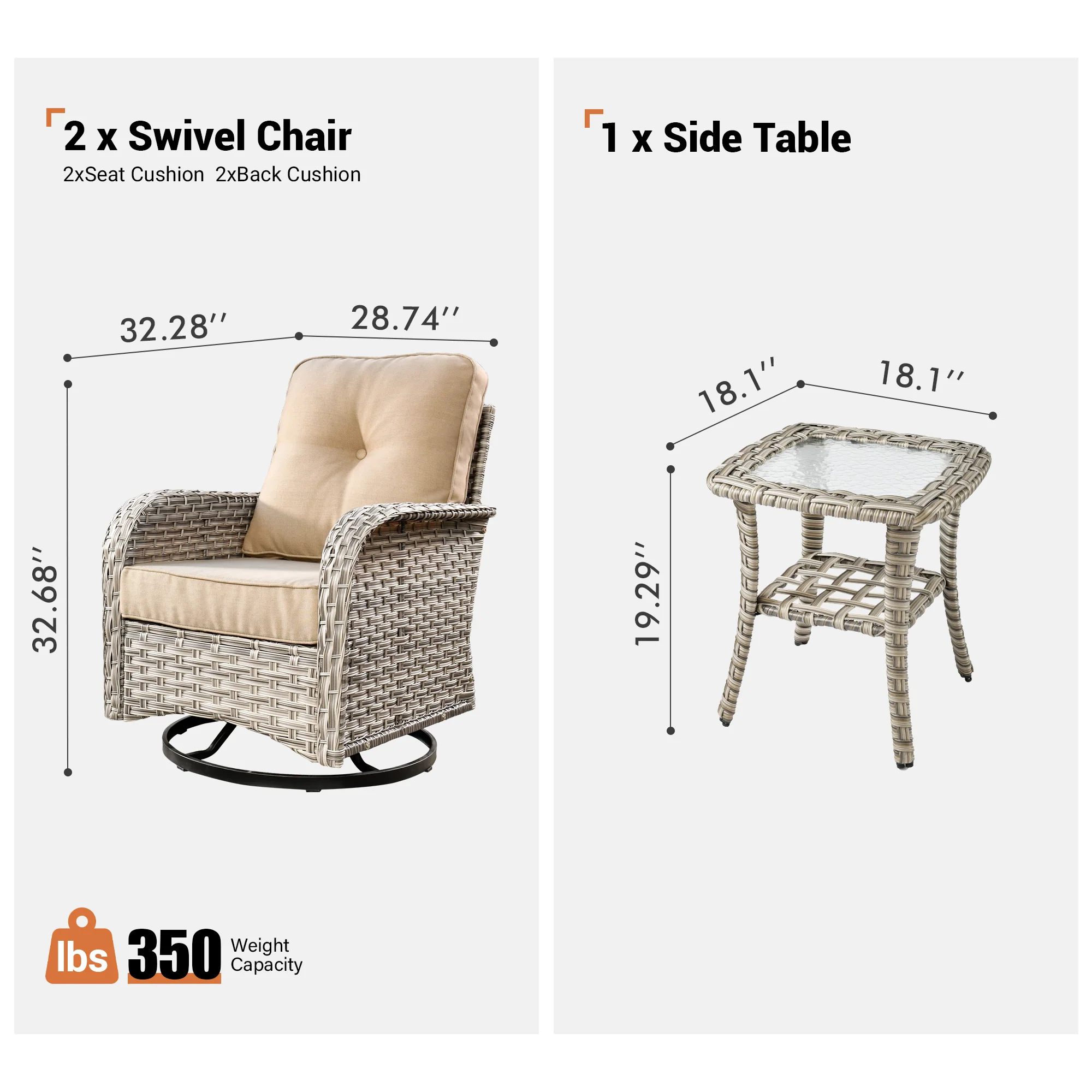 Ovios VNC Series Patio Swivel Chair 3-Piece Set