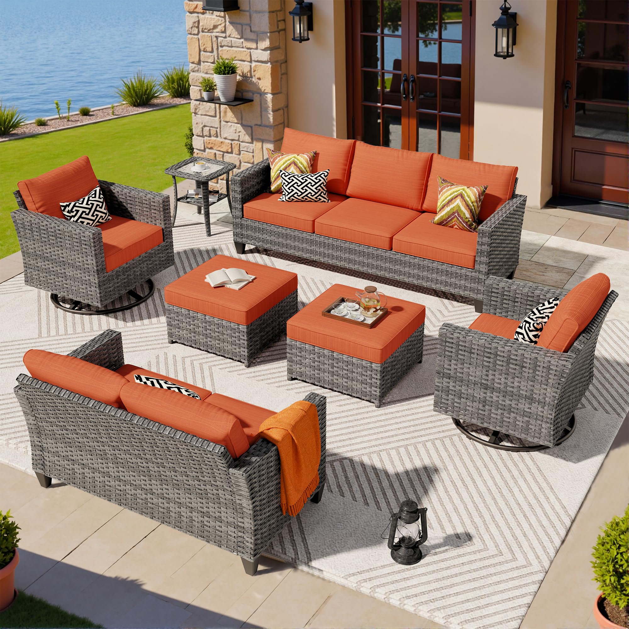 Ovios 7 Pieces Patio Furniture Set, Outdoor Wicker Sofa with Rocking Swivel Chairs