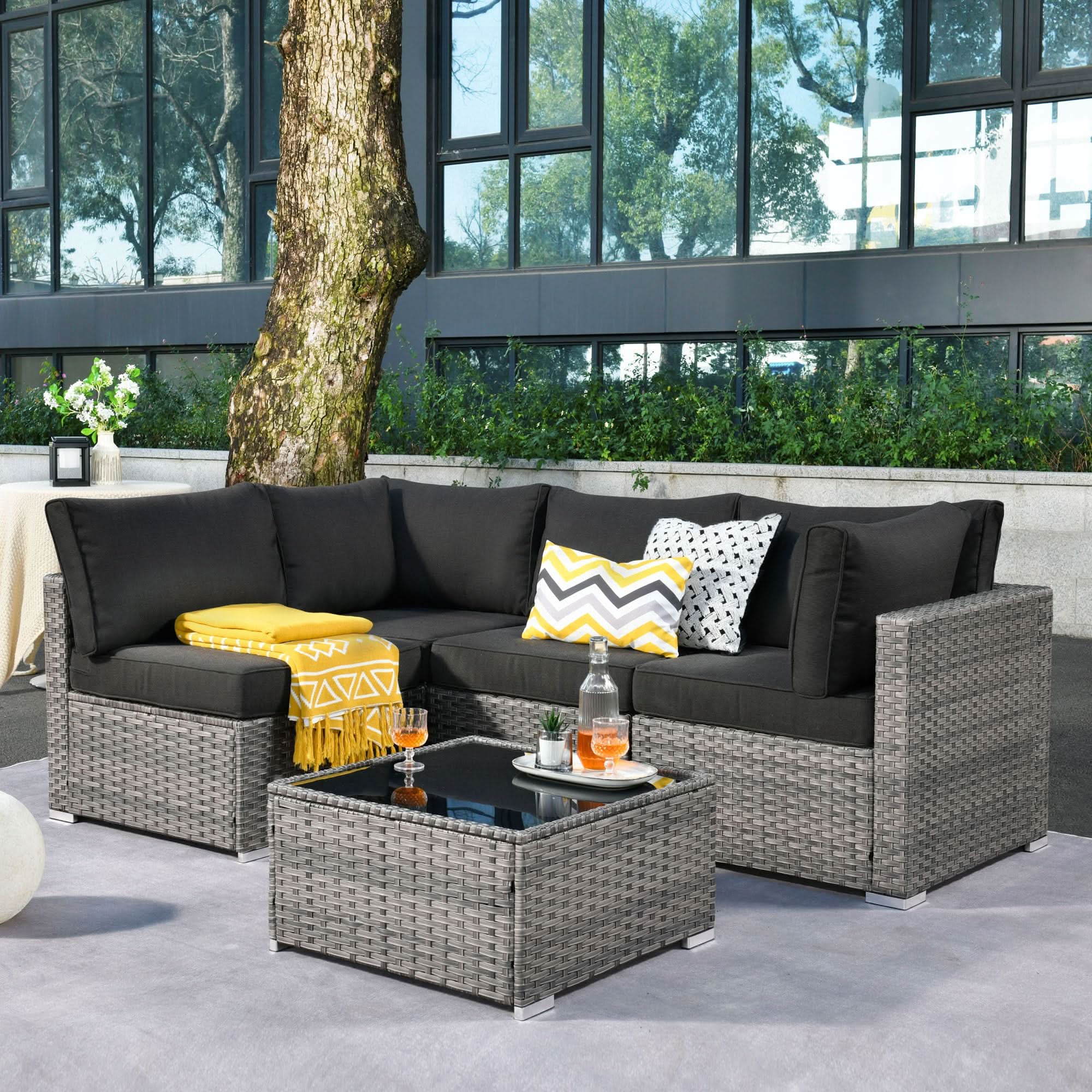 Ovios Outdoor 5 Piece Coversation Set with Coffee Table,Sectional Patio Furniture Set with All-Weather Wicker Sofa