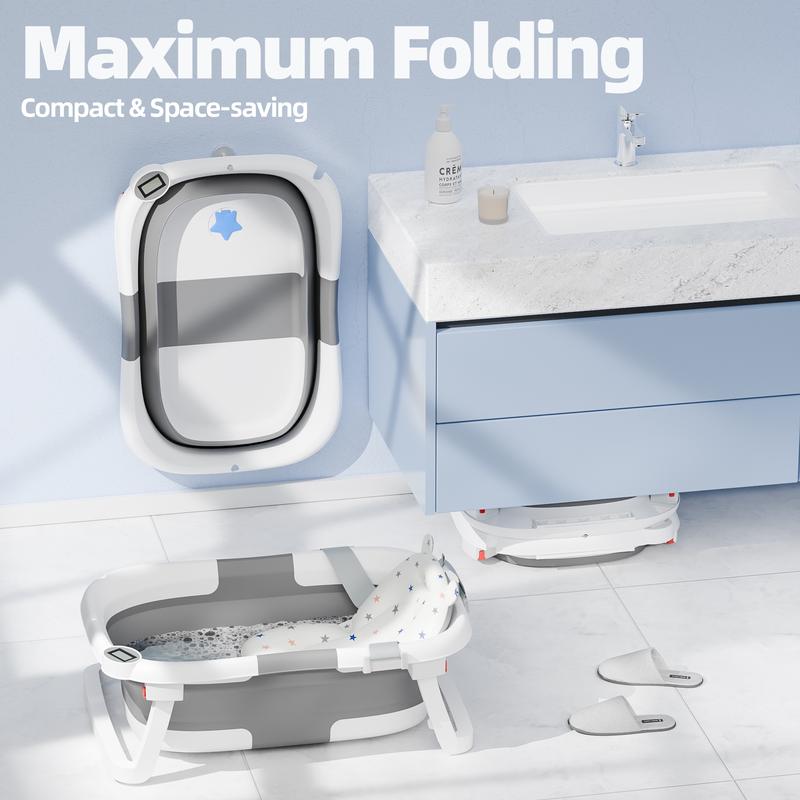 Napei Collapsible Baby Bathtub with Real-Time Temp Monitor, Floating Cushion, Foldable Baby Bath Tub Set for Newborns & Toddlers