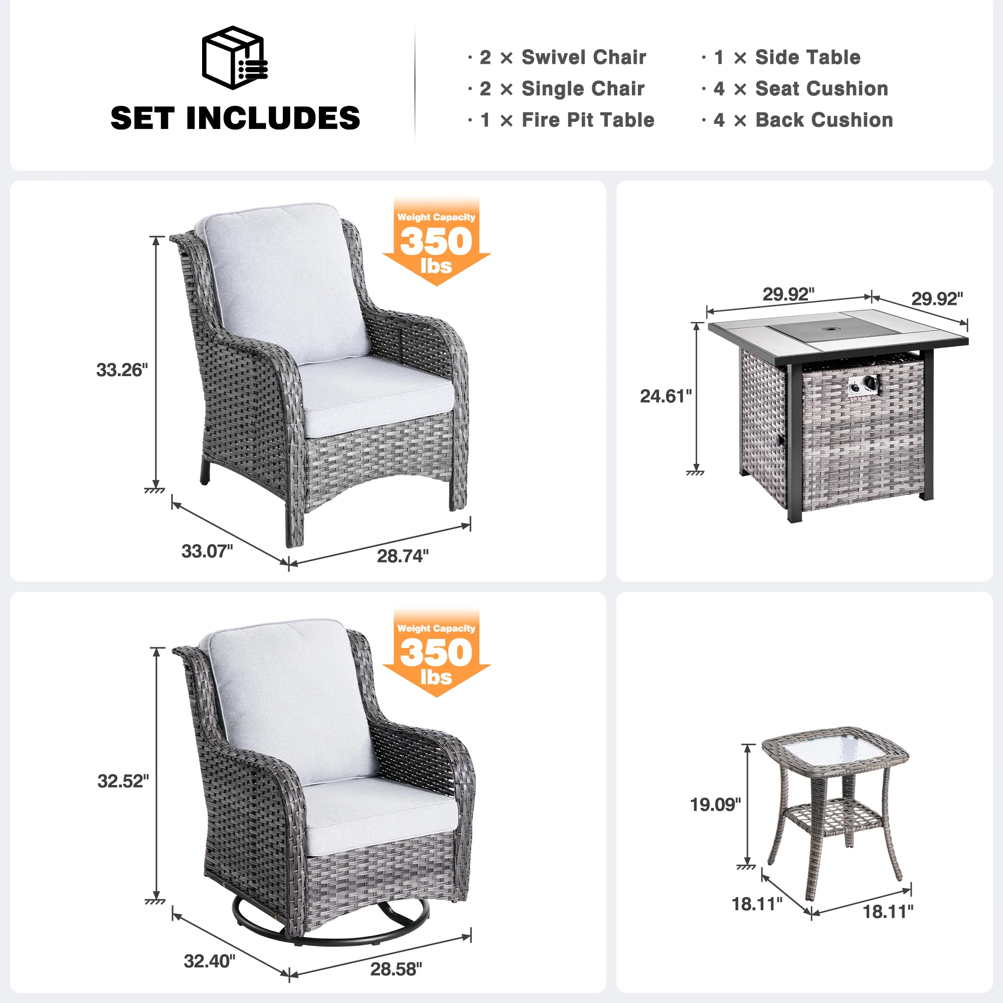 Ovios Outdoor Furniture 6-Piece with 30'' Fire Pit Table and Kenard 2 Rocking Chairs