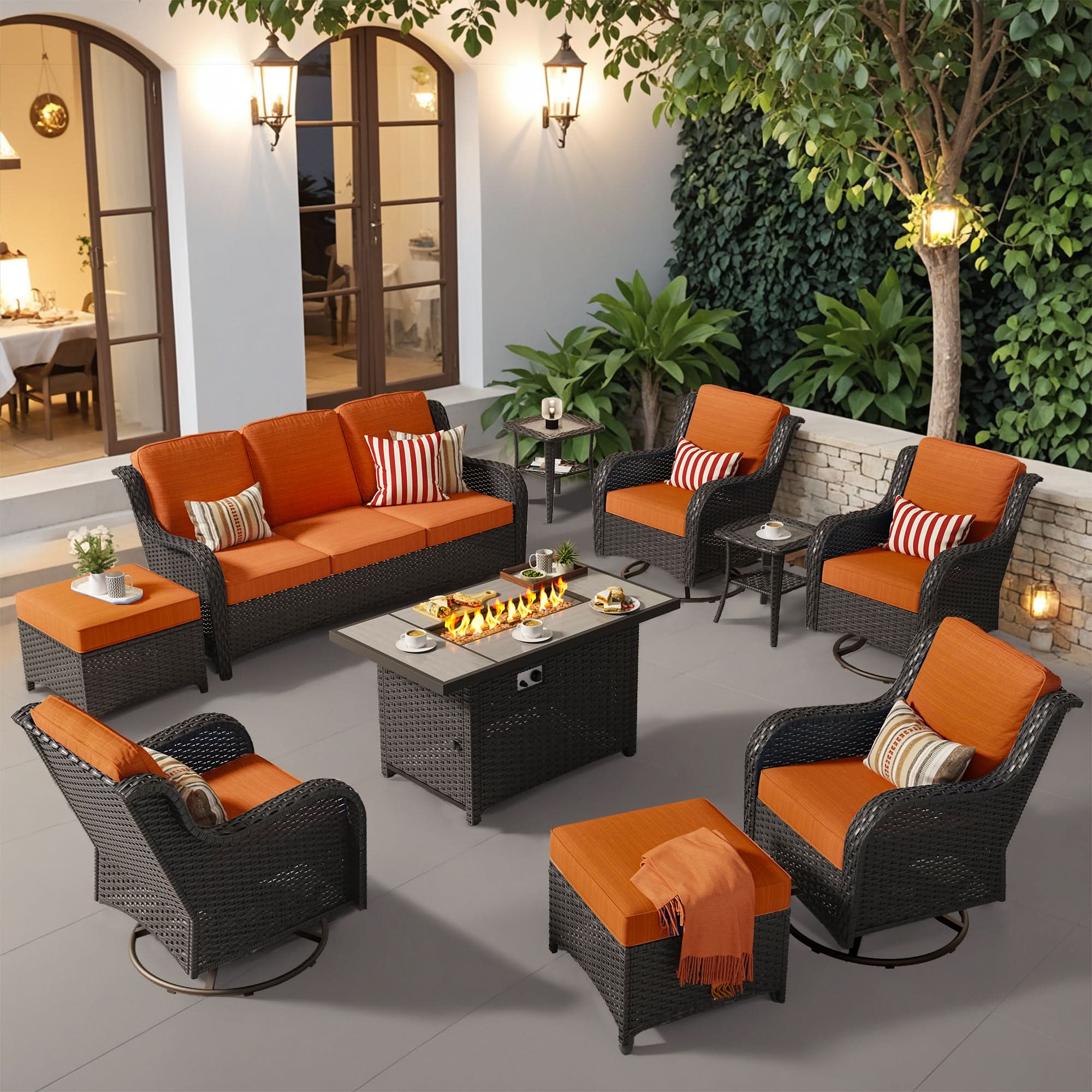 Ovios 10 Pieces Patio Furniture Set with Fire Pit Table Outdoor Wicker Sofa Loveseat and Swivel Rocking Glider Chairs