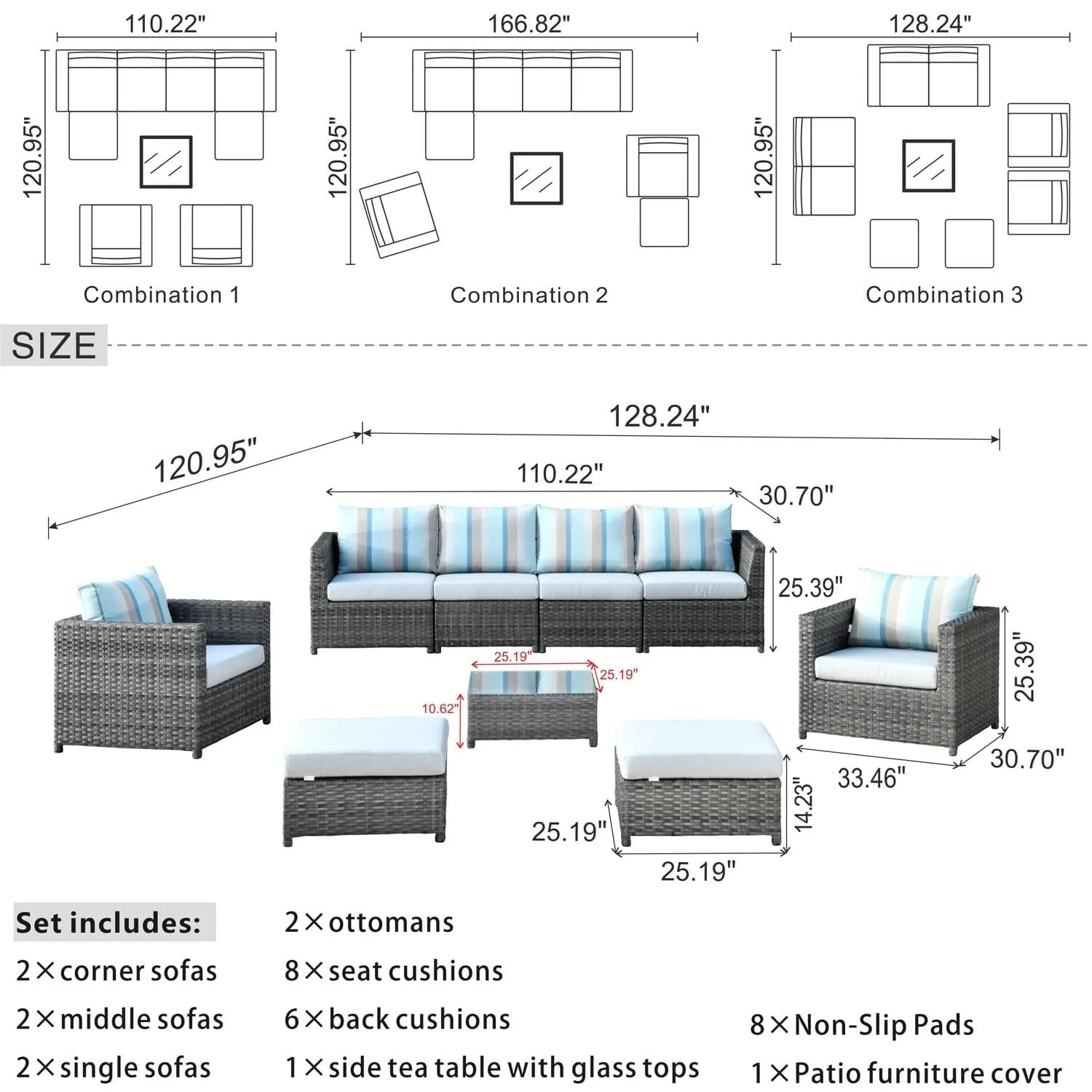 Ovios Outdoor Furniture Bigger Size 9-Piece with Grey Sunbrella, Fully Assembled, King Series, with 2 Chairs