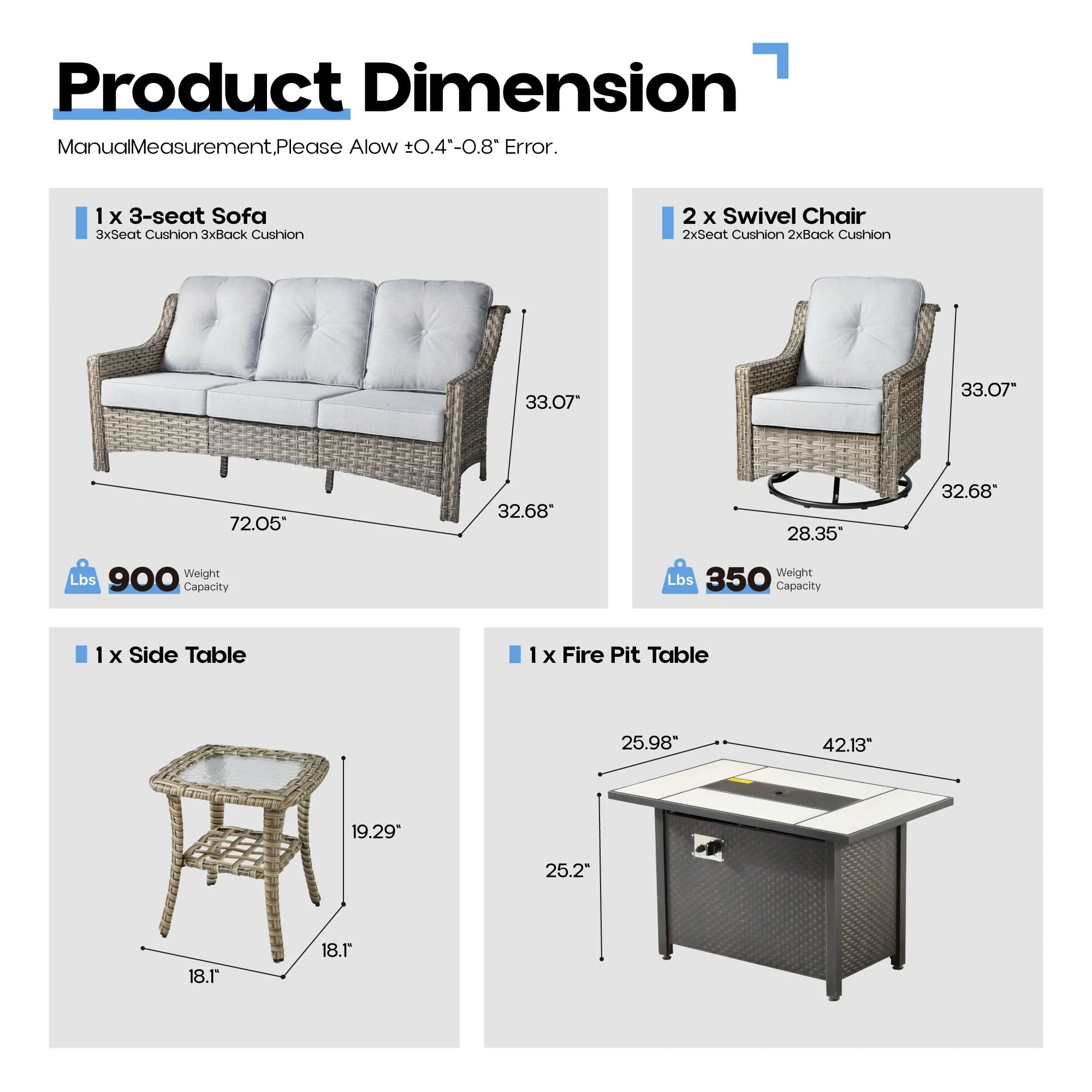 Ovios Outdoor 5 Pieces Coversation Set with 42