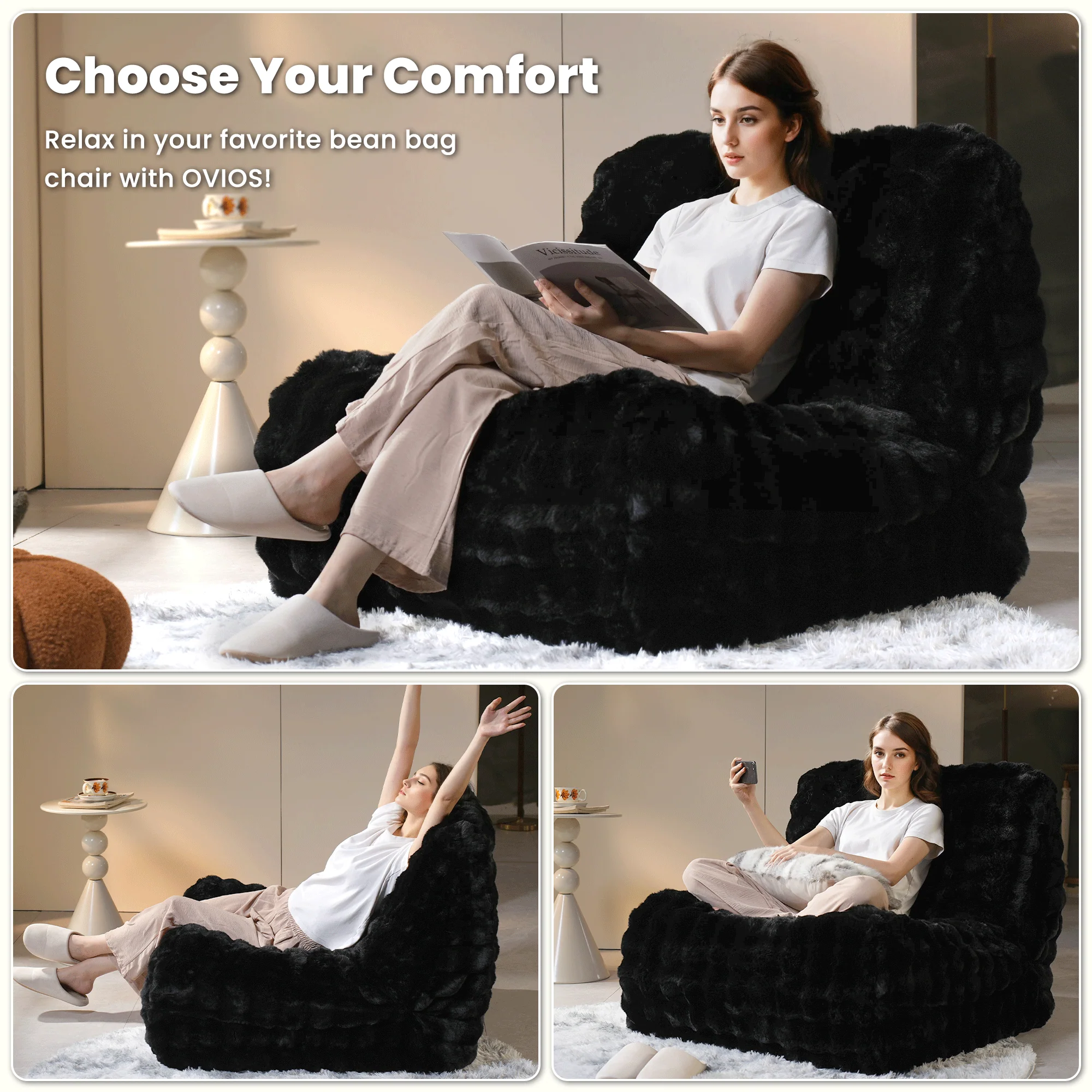 OVIOS Luxurious Fluffy Faux Fur Bean Bag Couch