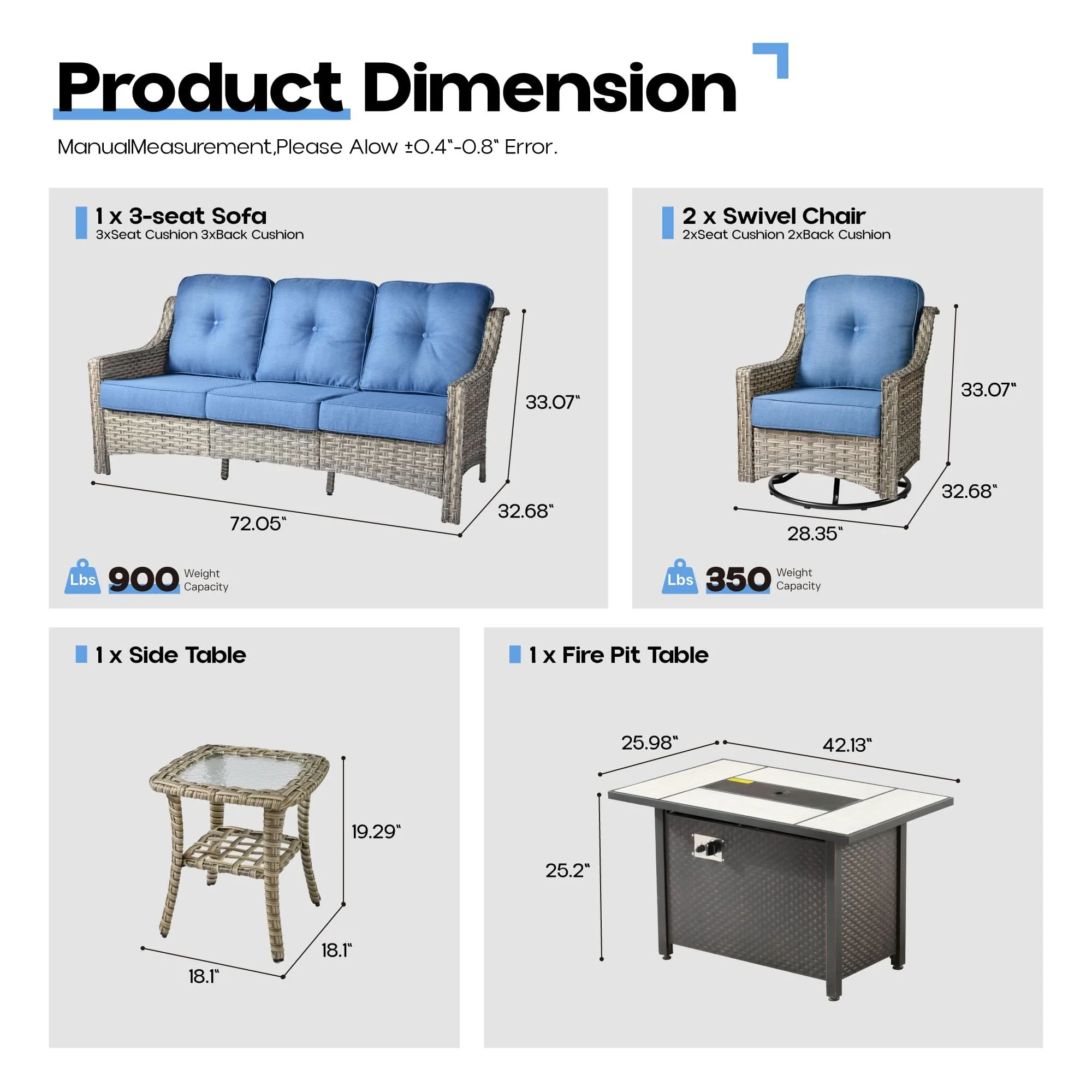 Ovios Outdoor 5 Pieces Coversation Set with 42