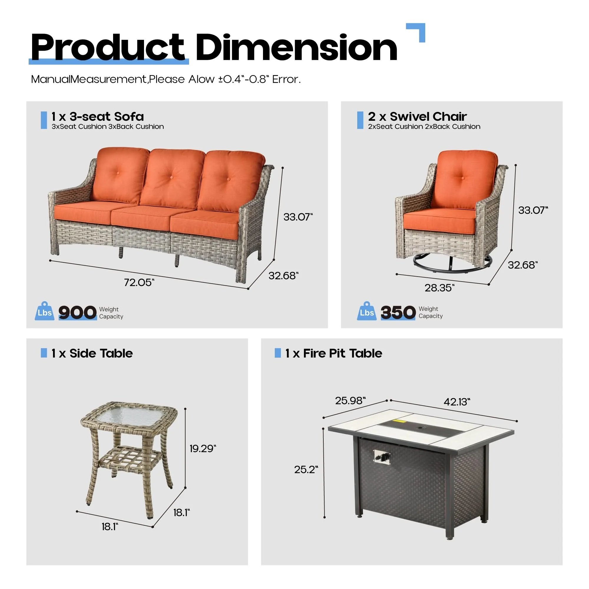 Ovios Outdoor 5 Pieces Coversation Set with 42