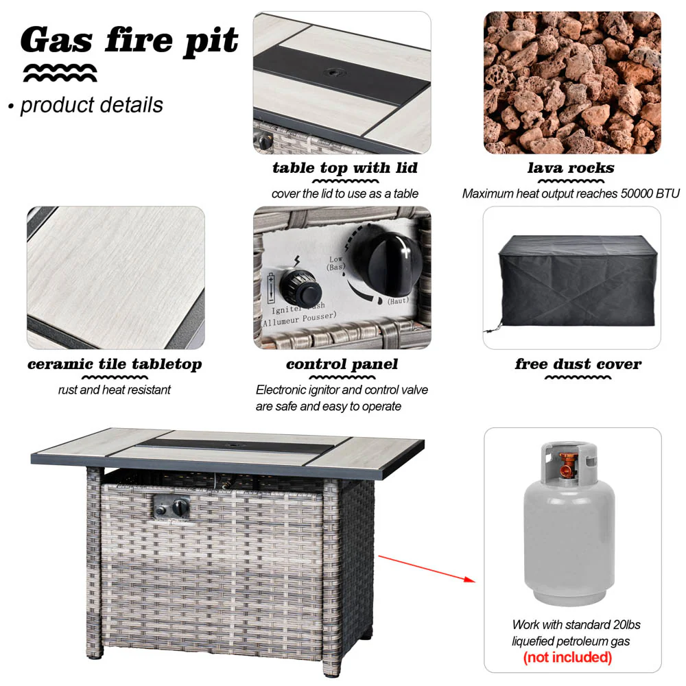 Ovios Patio Vultros 8-Piece Set With Swivel Chair and Rectangle 42'' Propane Fire Pit Table