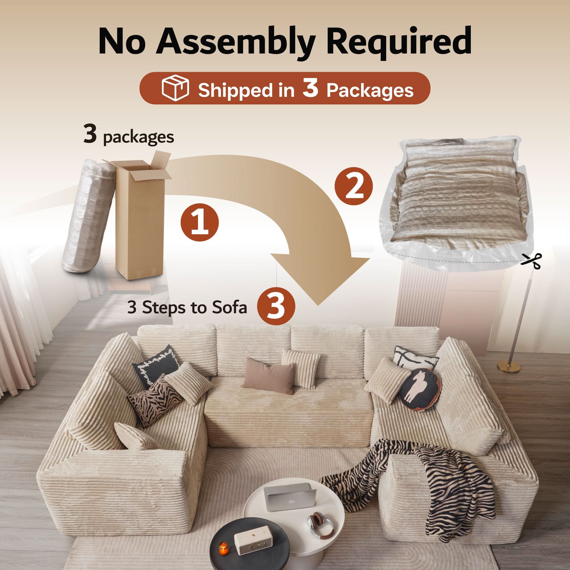 Ovios sectional cloud couch, living room U-shaped sofa, plush corduroy, memory foam, no assembly required.