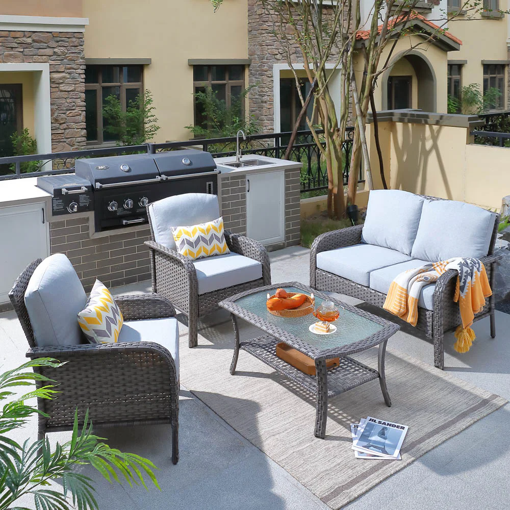 Ovios Patio Furniture Set New August 4 Piece High Back All Weather PE Wicker