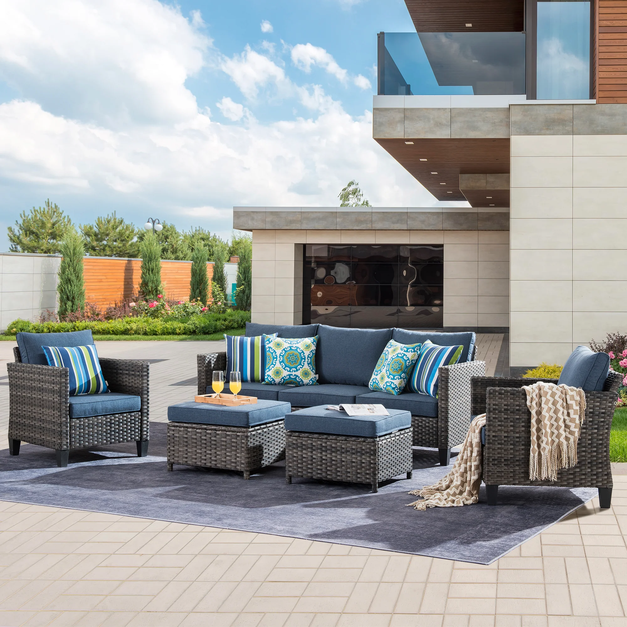 Ovios Outdoor Patio Conversation Set New Vultros 5-Piece High Back Sofa Set with Cushions