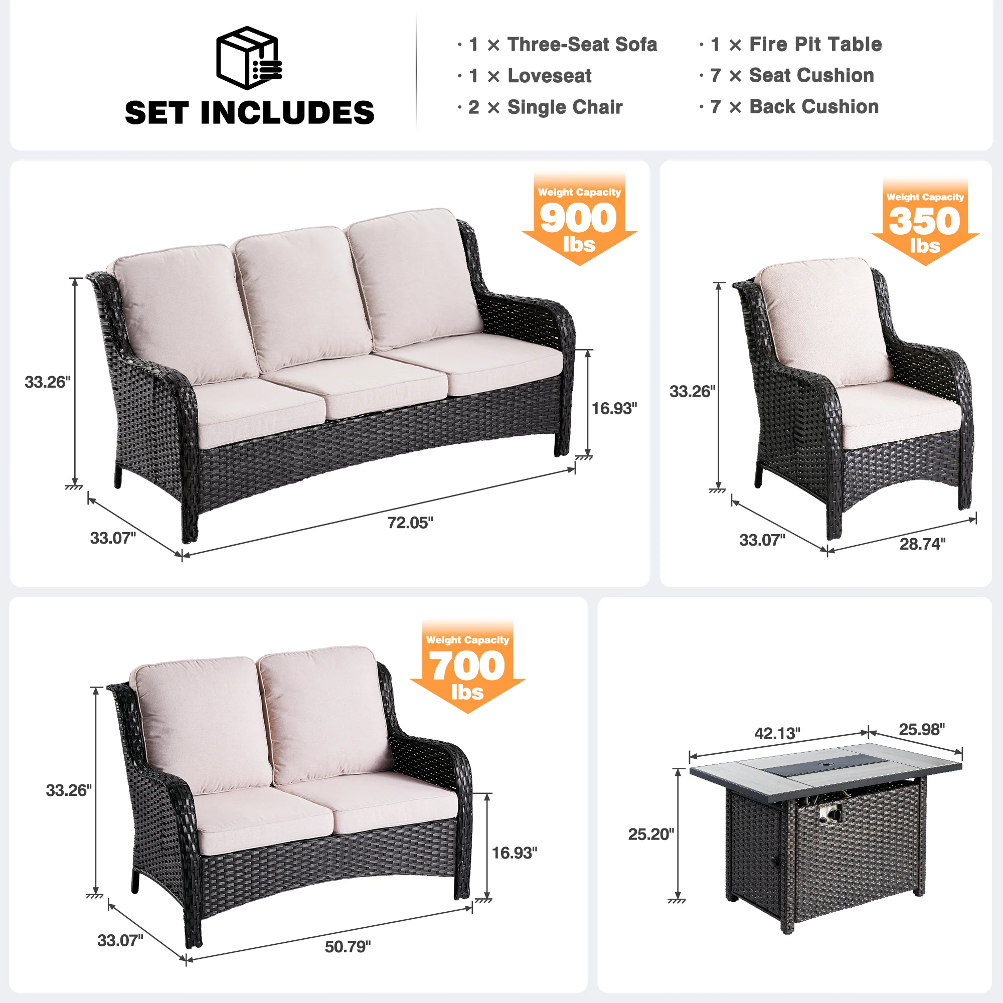 Ovios Patio Kenard 5-Piece Conversation Set with 42'' Fire Pit Table and Loveseat