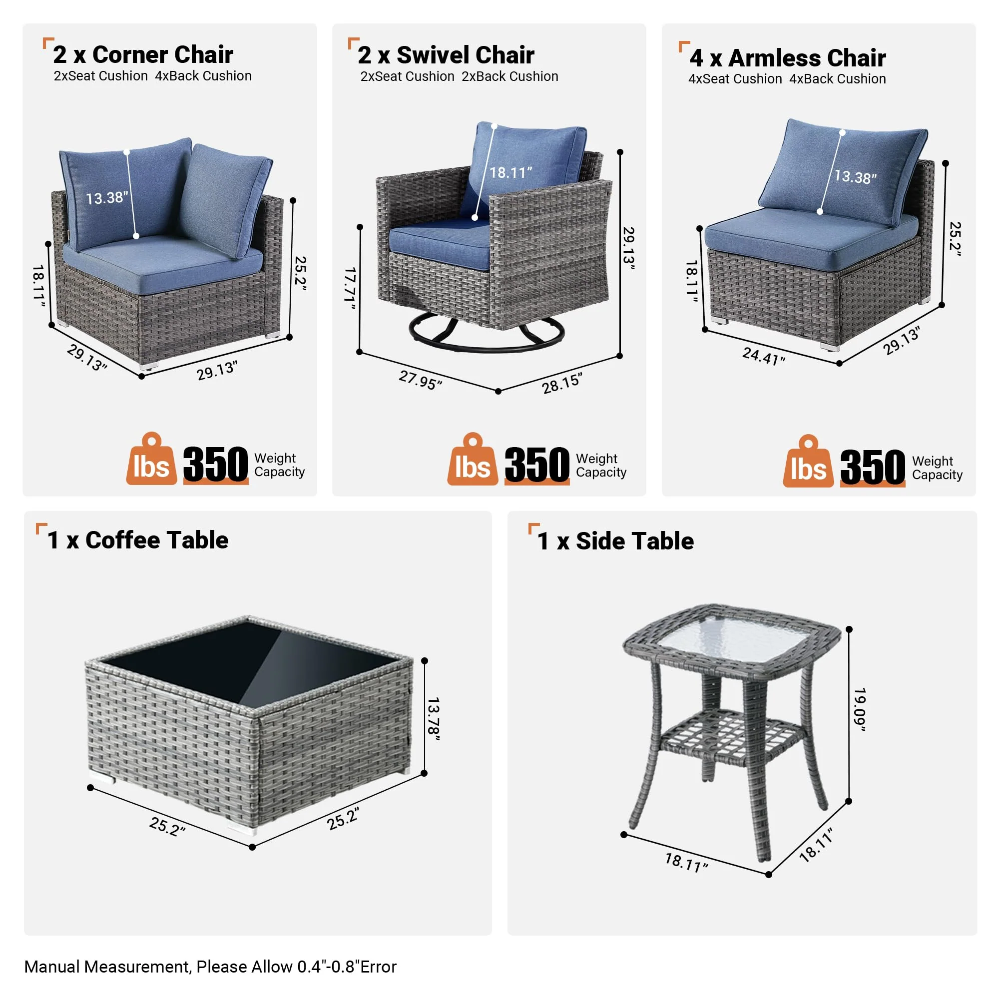 Ovios Outdoor 9 Piece Coversation Set with Swivel Rocking Chair,Sectional Patio Furniture Set with All-Weather Wicker Sofa