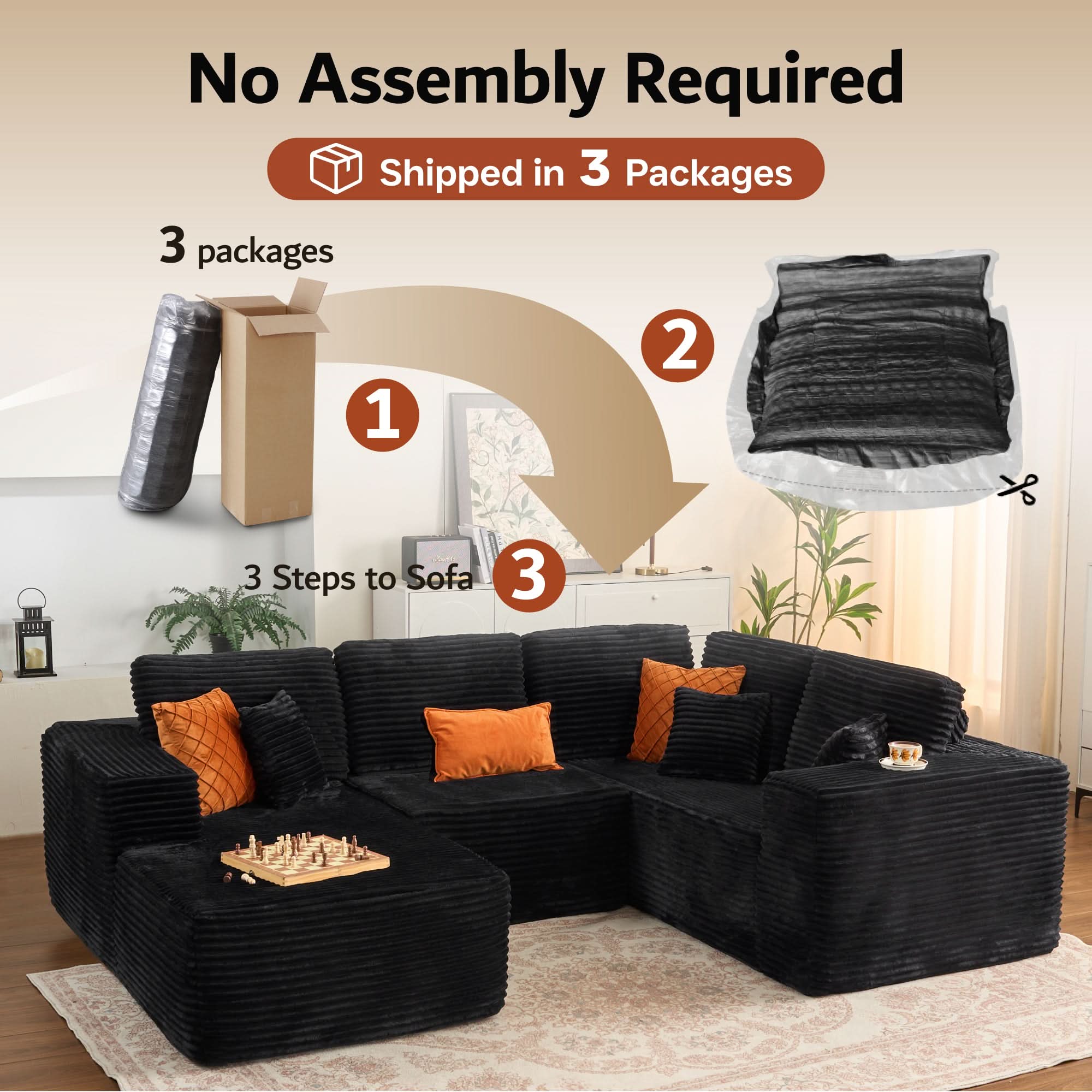 Ovios U-Shaped Cloud Sectional Sofa with Chaise - Plush Corduroy, Memory Foam & No Assembly